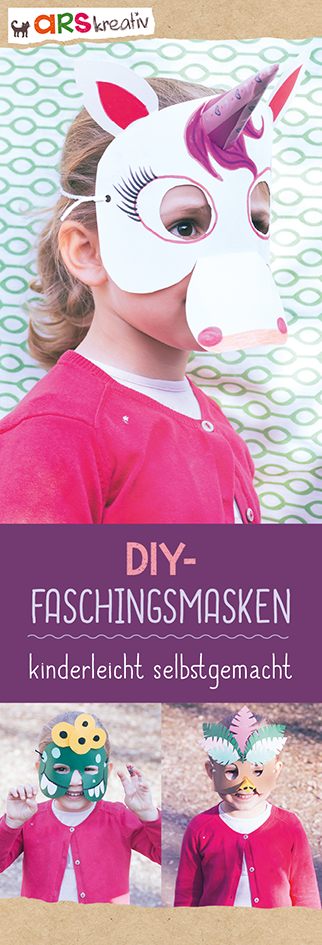 Kind mit selbstgebastelter Einhornmaske, darunter Löwen- und Krokodilmasken – DIY-Bastelideen für Kinder.