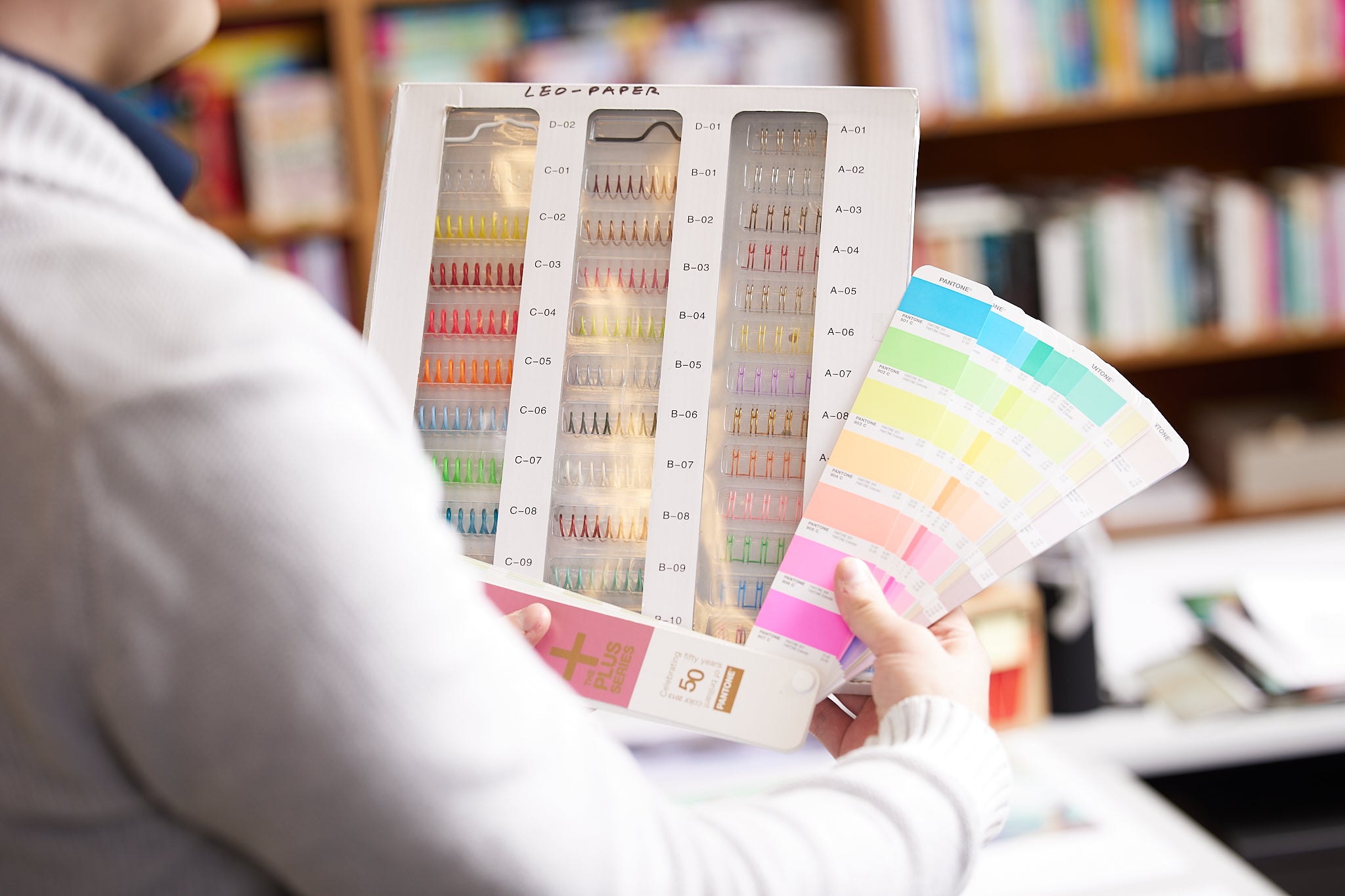 Eine Person hält eine Farbmustertafel und eine Farbfächerpalette in den Händen. Im Hintergrund sind Bücherregale und unscharfe Büroelemente zu sehen.