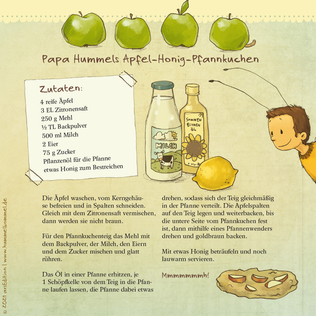 Illustration eines Rezepts für Apfel-Honig-Pfannkuchen mit Zutatenliste (Äpfel, Mehl, Milch, Eier, Honig) und einer kurzen Anleitung, ergänzt durch gezeichnete Zutaten und einen fertigen Pfannkuchen.