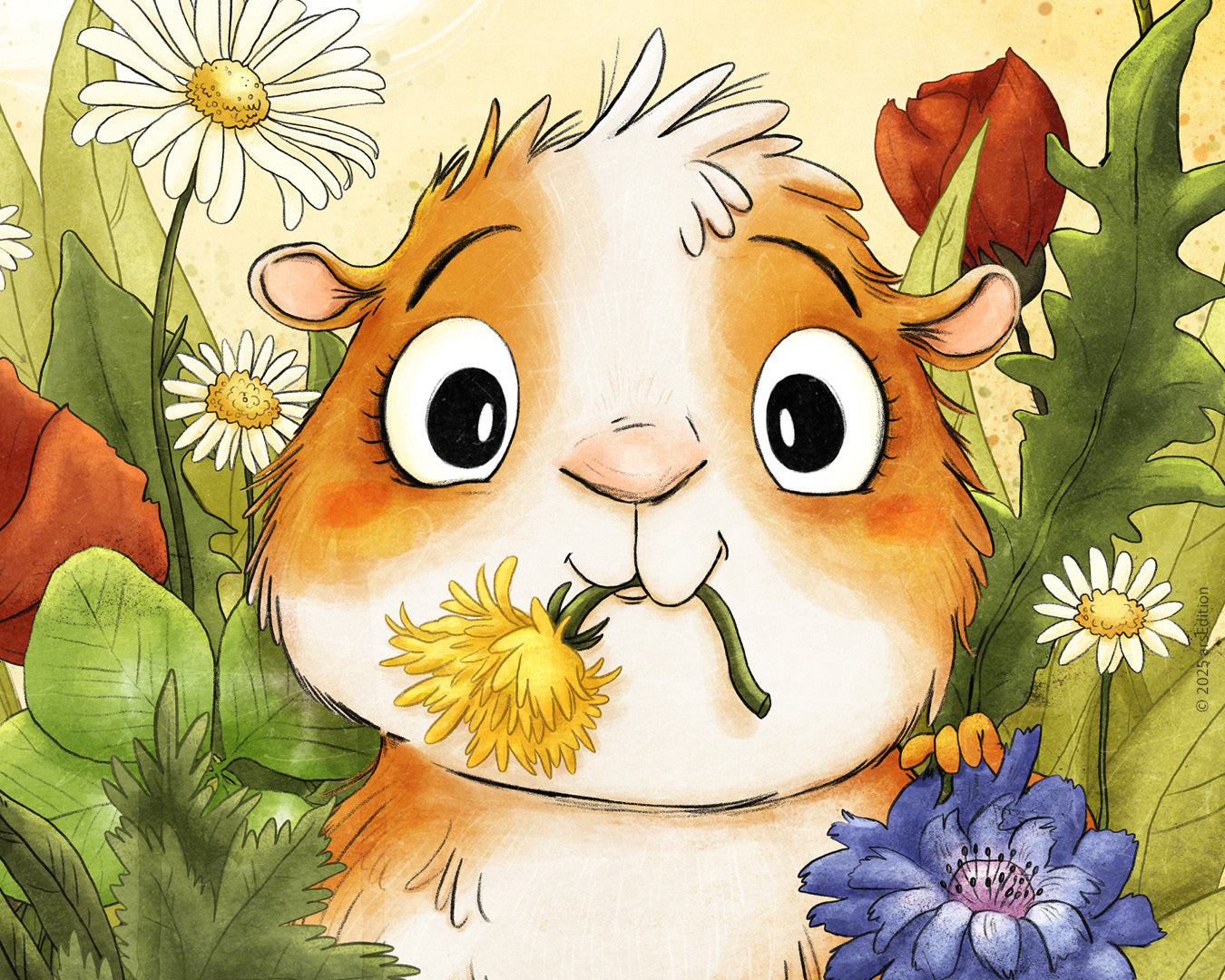 Illustration eines niedlichen Meerschweinchens, das einen Löwenzahn im Mund hält. Es ist von bunten Blumen wie Gänseblümchen und Kornblumen sowie grünen Blättern umgeben.