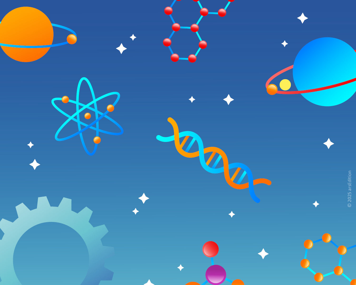 Illustration mit wissenschaftlichen Symbolen auf blauem Hintergrund. Zu sehen sind Atome, Moleküle, eine DNA-Helix, Planeten, Zahnräder und leuchtende Sterne, die an ein Weltraum- und Wissenschaftsthema erinnern.