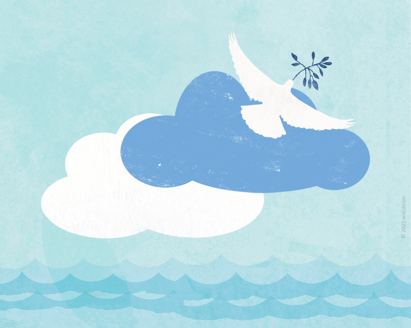 Illustration einer weißen Taube, die einen Olivenzweig im Schnabel trägt und über einer blauen Wolke fliegt. Im Hintergrund sind ein heller Himmel und stilisierte Wellen zu sehen.