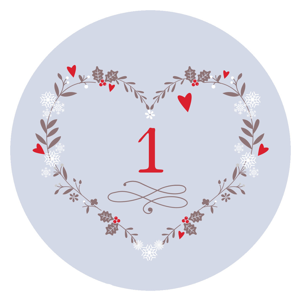 Gezeigt wird eine Innen- oder Zusatzansicht von „Adventskalender in der Dose. Weißt du eigentlich, wie lieb ich dich hab?“. Im Mittelpunkt steht ein rundes, himmelblaues Design mit einem herzförmigen Kranz aus braunen Blättern und roten sowie weißen Akzenten. In der Mitte des Herzens prangt die Zahl „1“ in auffälligem Rot, umrahmt von floralen Motiven und kleinen Herzen. Die Typografie ist verspielt und harmonisch in das Gesamtbild integriert.