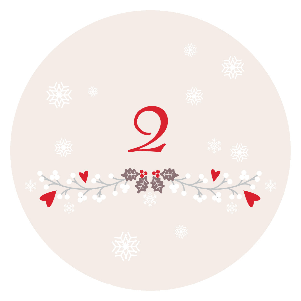 Gezeigt wird eine Innen- oder Zusatzansicht von „Adventskalender in der Dose. Weißt du eigentlich, wie lieb ich dich hab?“. Auf einem zarten, cremigen Hintergrund hebt sich die rote Zahl „2“ hervor, umgeben von stilisierten Schneeflocken sowie einer dekorativen, grafischen Gestaltung mit Herzen und grünen Blättern. Die elegante Schriftart verleiht der Gestaltung eine festliche und liebevolle Atmosphäre.