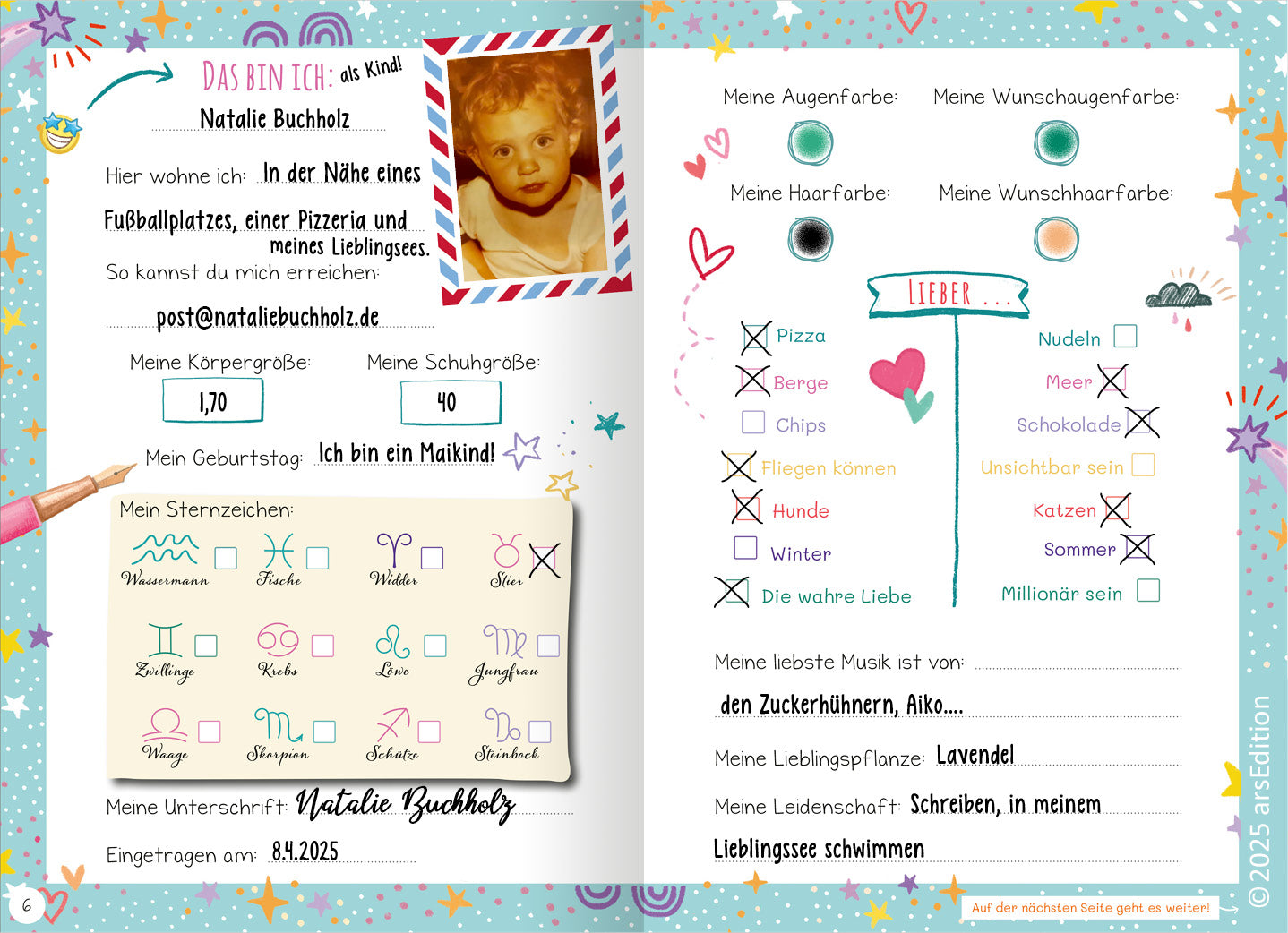 Freundebucheintrag von Natalie Buchholz. Mit Angaben zu Wohnortbeschreibung, Kontakt, Körpergröße, Schuhgröße, Sternzeichen und Vorlieben wie Pizza, Fliegen können und Hunde. Zusätzlich enthalten: Lieblingsmusik, Lieblingspflanze Lavendel und Leidenschaft für Schreiben und Schwimmen. Verspielt und bunt gestaltet mit Symbolen und Dekorationen.