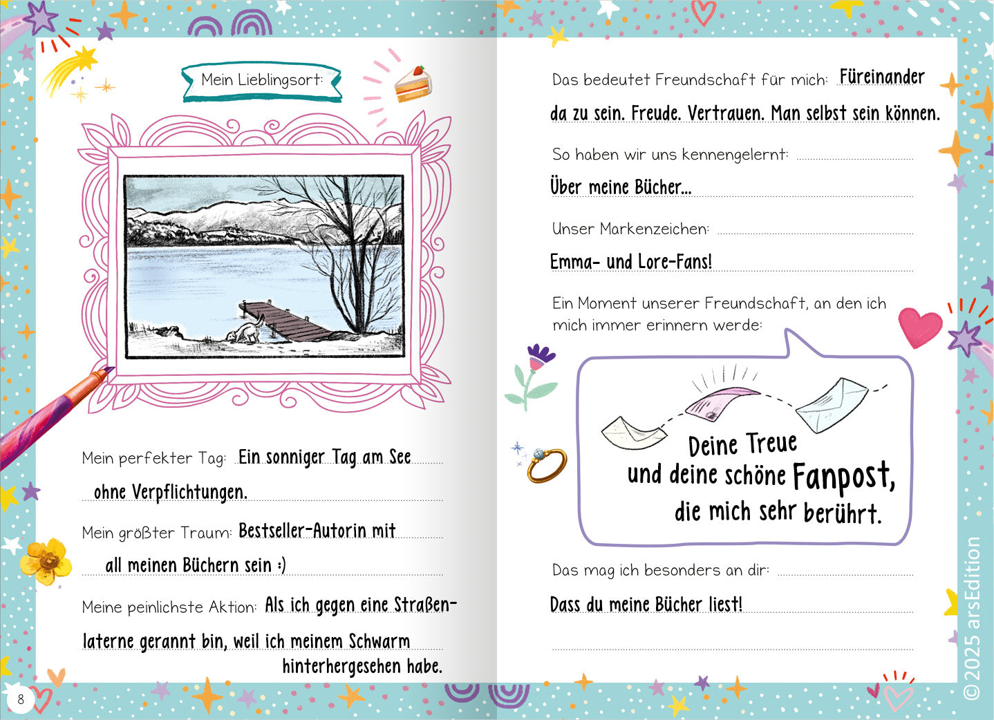 Zweite Seite des Freundebucheintrags von Natalie Buchholz mit einem gezeichneten Bild eines Sees als Lieblingsort. Enthält persönliche Angaben wie perfekter Tag, größter Traum und peinlichste Aktion. Auf der rechten Seite Gedanken zu Freundschaft, Erinnerungen und eine Dankesbotschaft für Fanpost, dekoriert mit Illustrationen von Herzen, Blumen und Briefen.