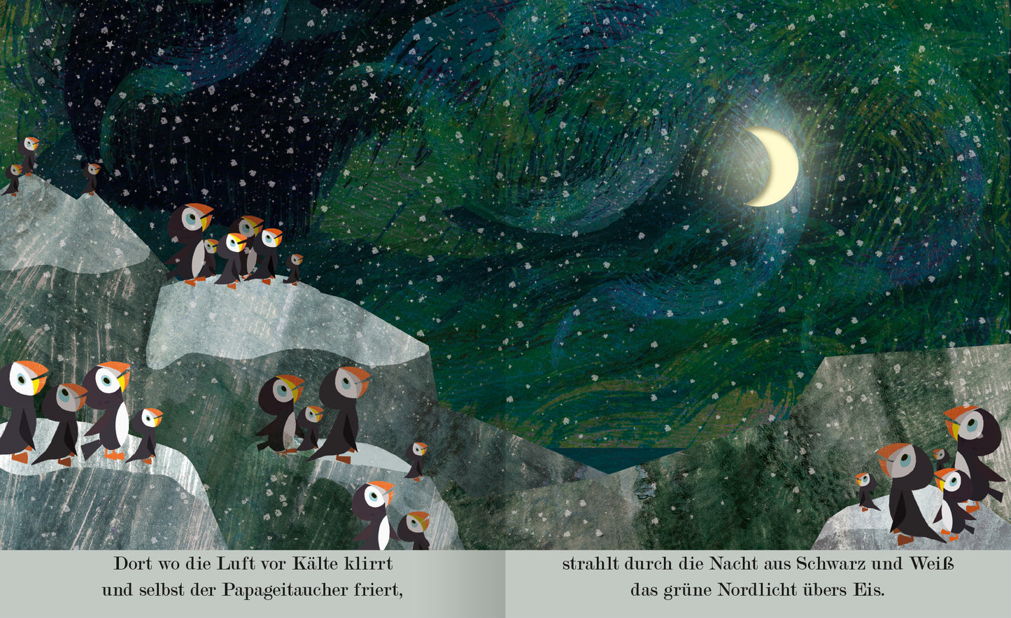 Gezeigt wird eine Innen- oder Zusatzansicht von „Mond“. Die Illustration zeigt eine winterliche Landschaft mit schneebedeckten Felsen, auf denen mehrere Pinguine versammelt sind. Der Himmel ist in sanften Grüntönen gehalten und mit funkelnden Sternen sowie einem schmalen, leuchtenden Mond dekoriert. Die Typografie ist klar und gut lesbar, mit einem poetischen Text, der die kühle Atmosphäre und das Nordlicht beschreibt.