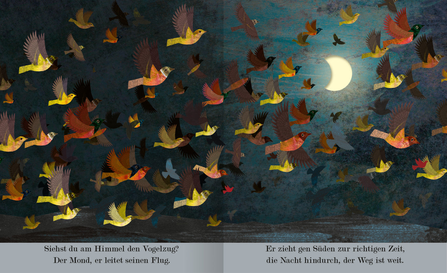 Gezeigt wird eine Innen- oder Zusatzansicht von „Mond“. Die Illustration zeigt eine nächtliche Szenerie mit einem leuchtenden Mond in der rechten oberen Ecke. Darunter fliegen zahlreiche stilisierte Vögel in verschiedenen leuchtenden Farben, darunter Gelb, Rot und Blau, vor einem dunklen, tiefblauen Hintergrund. Am unteren Rand sind zwei Textzeilen in klarer, moderner Typografie zu sehen, die den Betrachter anspricht und den Bezug zur Vogelmigration herstellt.