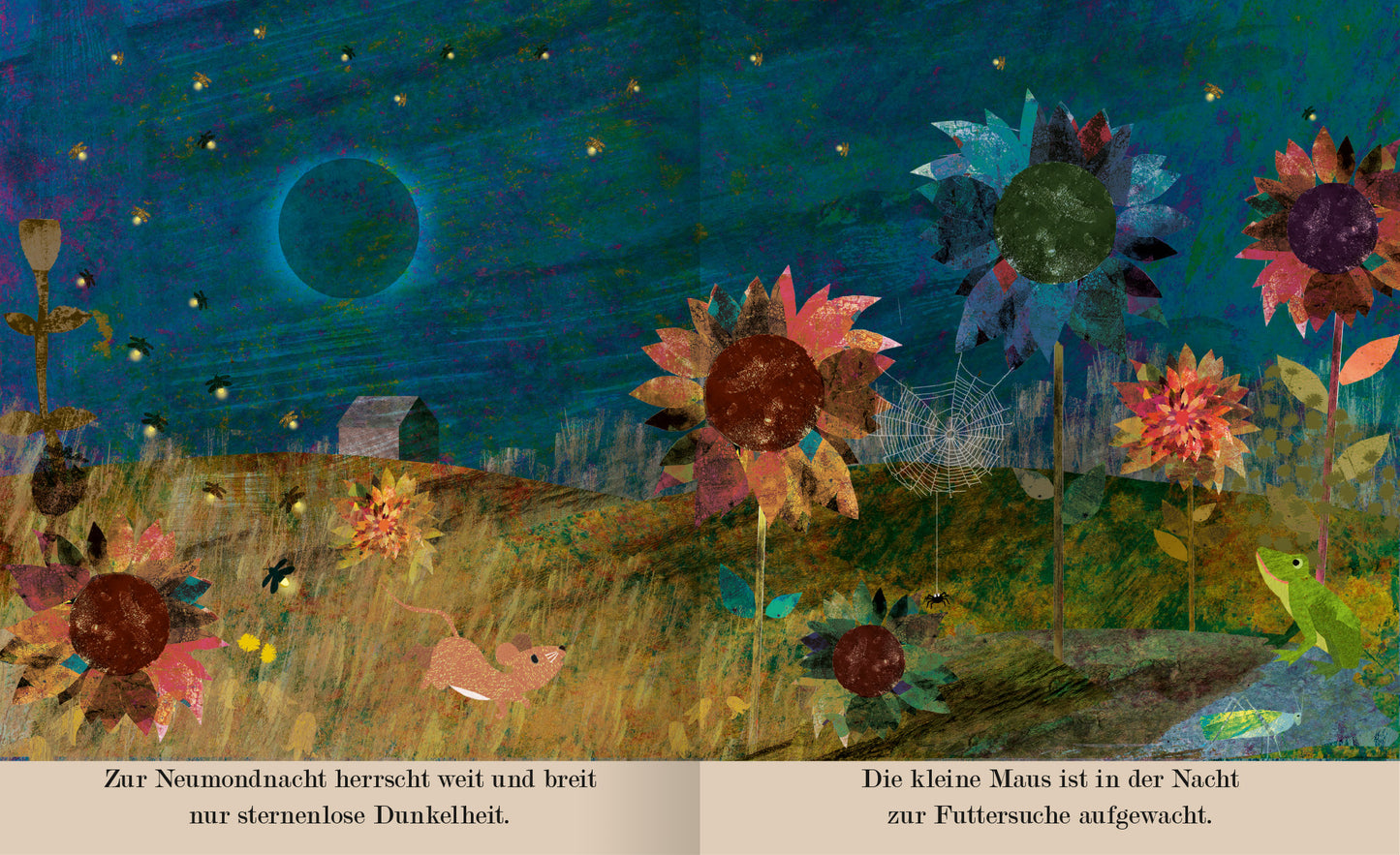 Gezeigt wird eine Innen- oder Zusatzansicht von „Mond“. Die Illustration zeigt eine nächtliche Landschaft mit einem tiefblauen Himmel und einem großen, leuchtenden Mond. Bunte Blumen in verschiedenen Formen und Größen, darunter Sonnenblumen mit dunklen Kreisen in der Mitte, prägen das Bild. Im Vordergrund sind ein kleines Tier und eine grüne Frösche sichtbar, während im Hintergrund eine einsame Hütte hintuckernd durch das künstlerische Zusammenspiel von Texturen und Farben...