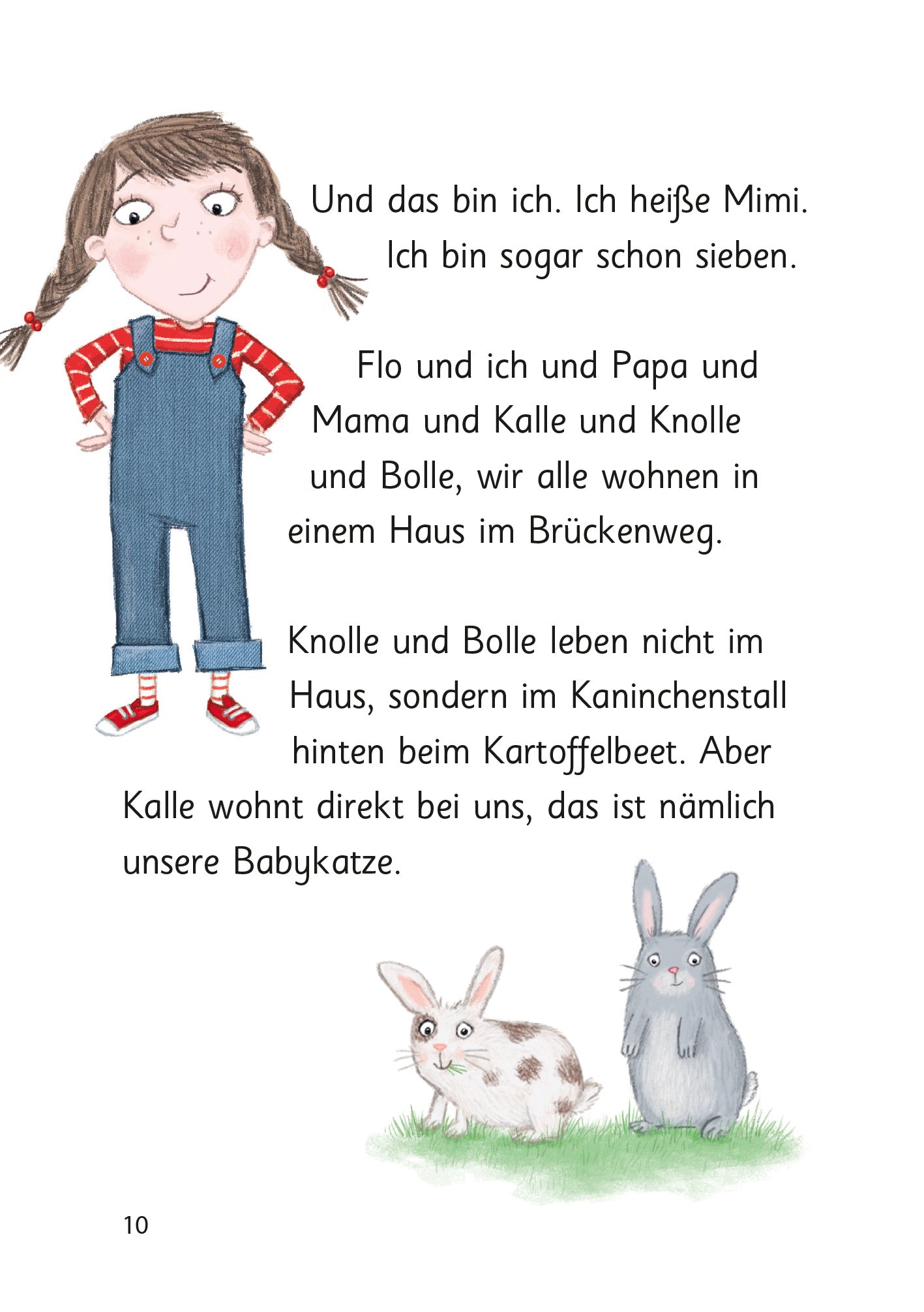 Gezeigt wird eine Innen- oder Zusatzansicht von „Ziemlich beste Schwestern – Quatsch mit Soße“. Die Seite zeigt ein illustriertes Mädchen mit Zöpfen in einem roten gestreiften Oberteil und blauen Latzhosen. Der Text ist in gut lesbarer, schwarzer Schrift gehalten und beschreibt die Charaktere der Geschichte. Außerdem sieht man zwei Kaninchen umgeben von einer hellen Hintergrundfarbe.