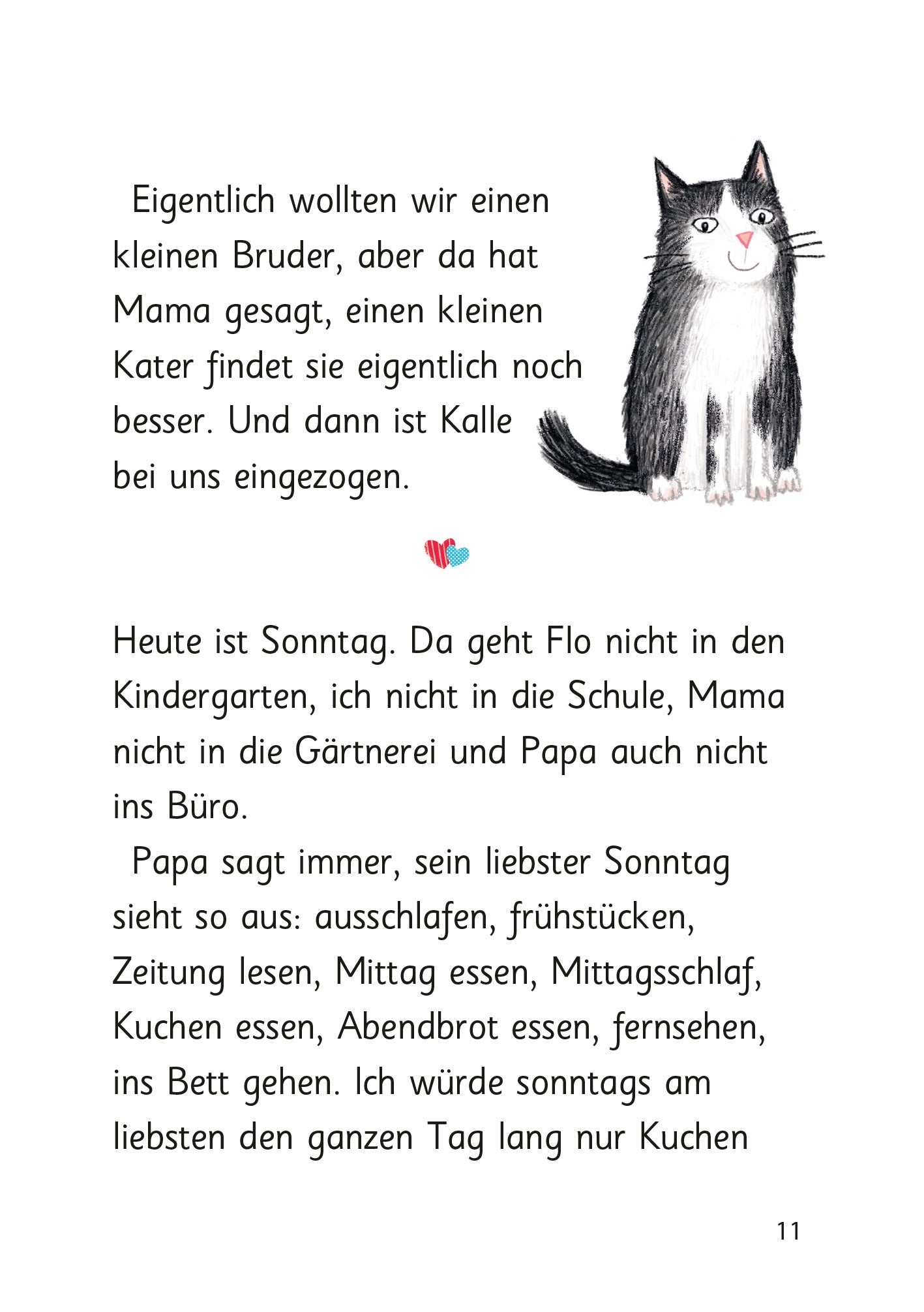 Gezeigt wird eine Innenansicht von „Ziemlich beste Schwestern – Quatsch mit Soße“. Die Seite zeigt einen schwarz-weißen Kater namens Kalle. Neben ihm ist Text in einer klaren, leicht lesbaren Schriftart.