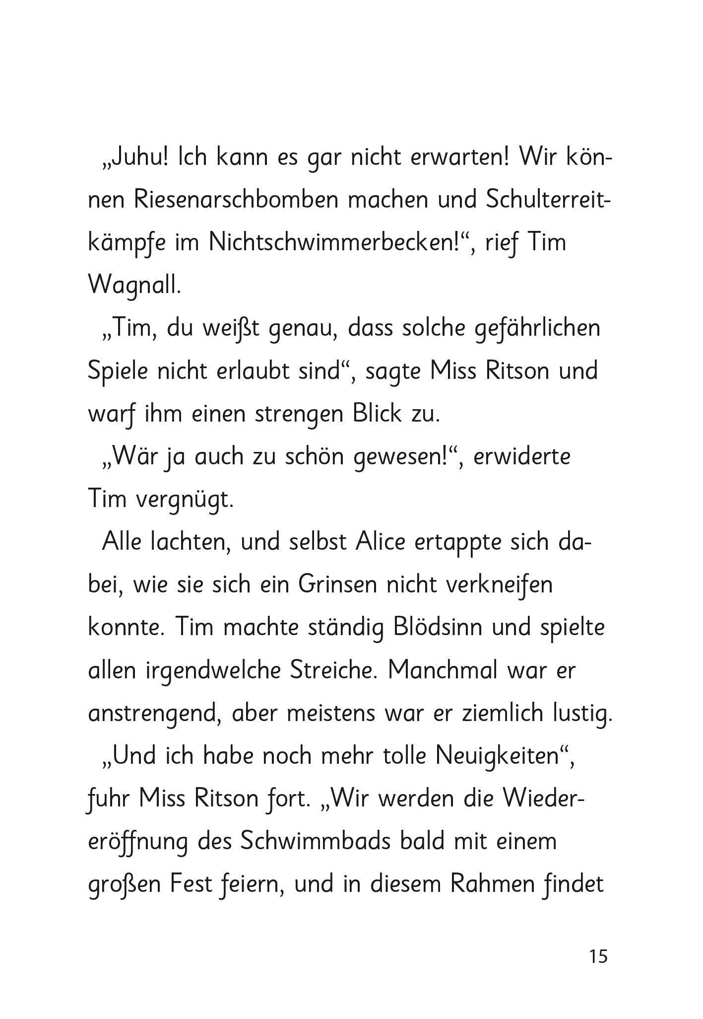 Gezeigt wird eine Innen- oder Zusatzansicht von „Zauberkätzchen – Ein Sprung ins kalte Nass“. Die Seite präsentiert einen sanften, weißen Hintergrund mit deutlich lesbarer, schwarzer Schrift. Der Dialog ist durch deutsche typografische Anführungszeichen strukturiert. Versalien wie „Juhuu!“ sind in größerer Schrift gesetzt, um die Emotion zu unterstreichen. Die Gestaltung vermittelt eine heitere und spielerische Atmosphäre, passend zur jugendlichen Zielgruppe.