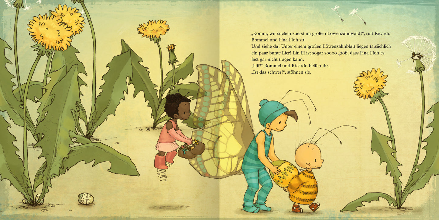 Gezeigt wird eine Innen- oder Zusatzansicht von „Die kleine Hummel Bommel feiert Ostern“. Auf der Illustration sind drei Charaktere zu sehen: eine Biene, ein Kind mit braunen Haaren sowie ein Schmetterling. Die Farben sind sanft und pastellig, mit dominierenden Gelbtönen und Grüntönen von Löwenzahnblüten und Blättern. Die Schrift ist verspielt und kindgerecht, was die fröhliche und einladende Stimmung der Szene unterstreicht. Die Charaktere interagieren vor einer naturnahen Kulisse,...