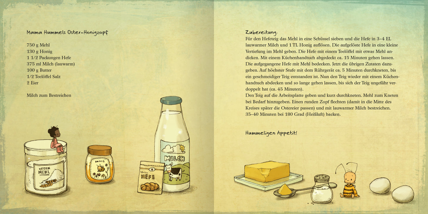 Gezeigt wird eine Innen- oder Zusatzansicht von „Die kleine Hummel Bommel feiert Ostern“. Die Illustration zeigt eine freundliche, pastellfarbene Umgebung mit verschiedenen Zutaten für ein Rezept, darunter Milch, Honig, Butter und Eier. Diese sind kreativ angeordnet, begleitet von kleinen Zeichnungen von Hummeln und einem Kind. Die Schrift ist kindgerecht und gut lesbar, mit liebevollen, verspielten Elementen, die die fröhliche Stimmung des Buches unterstreichen.