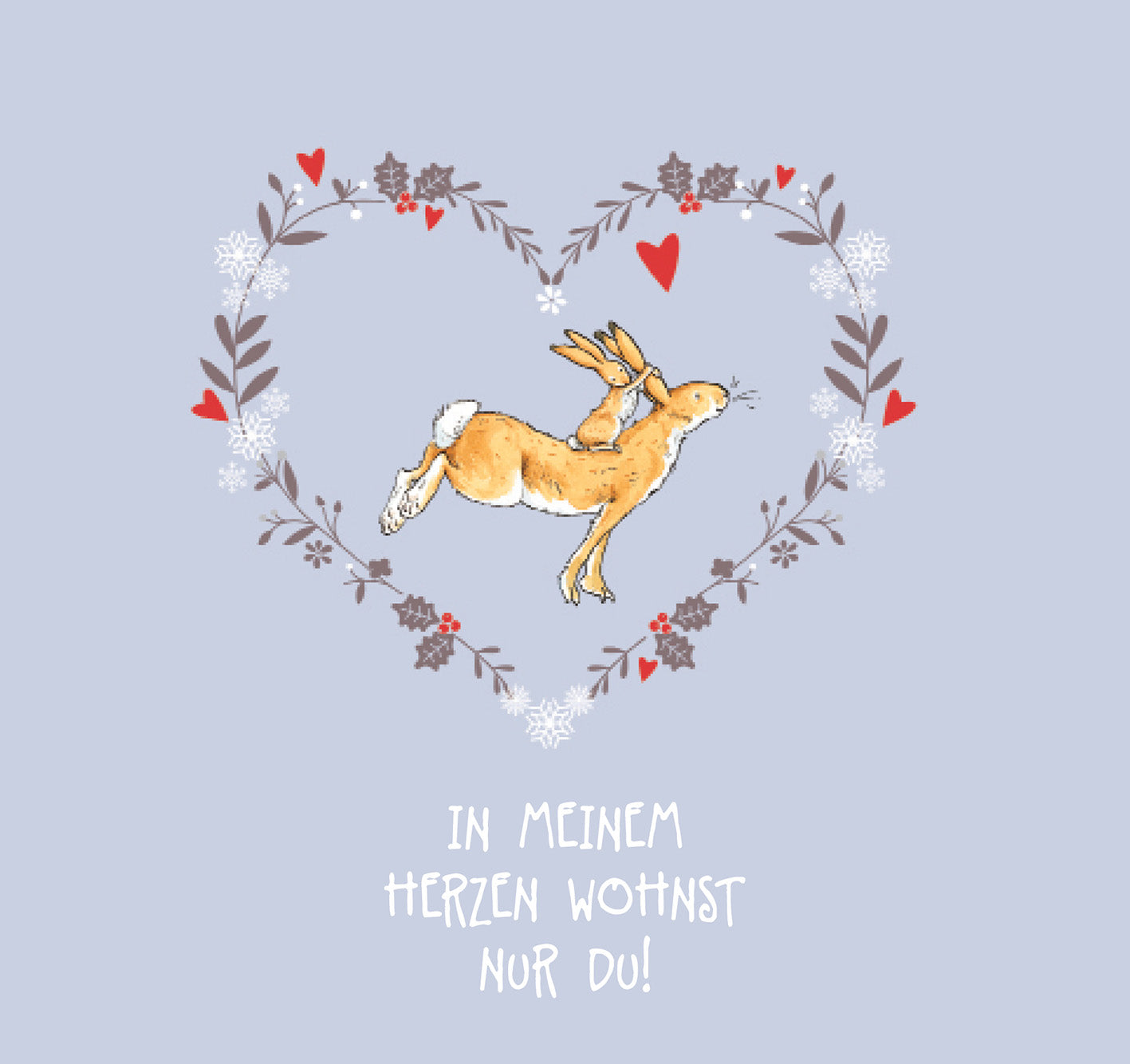 Gezeigt wird eine Innen- oder Zusatzansicht von „Weißt du eigentlich, wie lieb ich dich hab?“. Die Grafik zeigt einen hüpfenden Hasen, der in einem Herz aus floralen Elementen und roten Herzen eingebettet ist. Der Hintergrund ist in sanften Lavendeltönen gehalten. Unter dem Herz befindet sich in freundlicher, verspielter Schrift der Text „IN MEINEM HERZEN WOhnST NUR DU!“. Die Farbpalette ist warm und einladend, was die emotionale Botschaft des Buches unterstreicht.