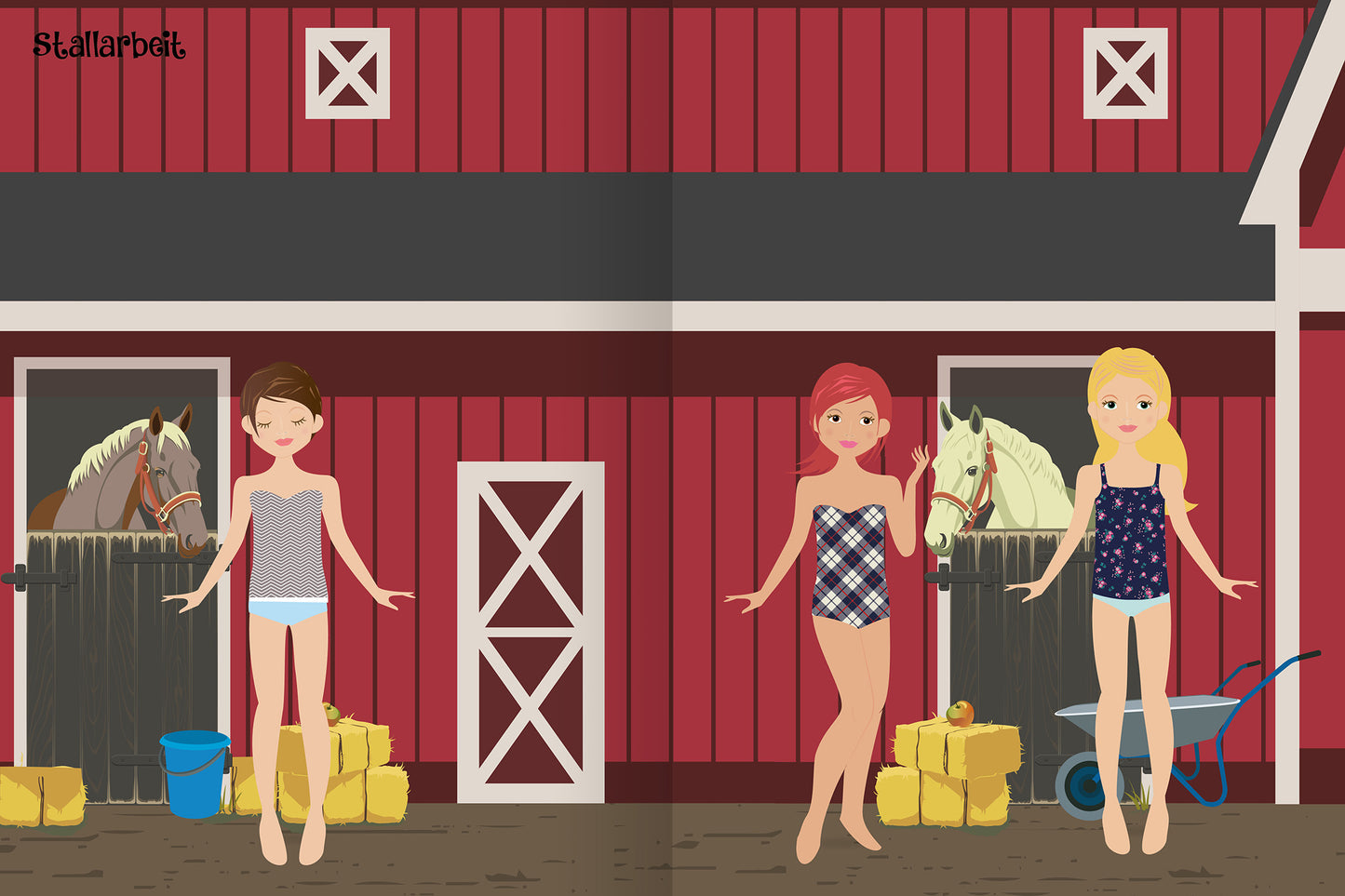 Gezeigt wird eine Innen- oder Zusatzansicht von „Sticker-Anziehpuppen – Reiterhof“. Die Illustration zeigt drei Mädchen in Bodys vor einem rot gestrichenen Stall mit weißen Fensterrahmen. Die Haarfarben sind Braun, Rot und Blond. Im Hintergrund sind Strohballen und ein Pferd sichtbar. Die Farben sind freundlich und hell.