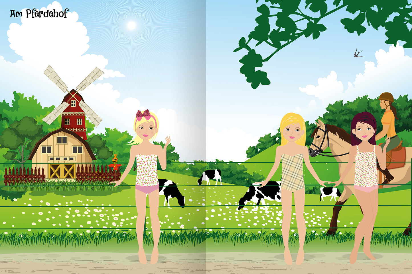 Gezeigt wird eine Innen- oder Zusatzansicht von „Sticker-Anziehpuppen – Reiterhof“. Die Illustration zeigt drei Figuren in farbenfrohen Bodys vor einer ländlichen Kulisse mit einer Windmühle und grünen Wiesen. Die Mädchen stehen auf einem Pfad vor Kühen, Hügeln und Bäumen. Die Typografie ist kindgerecht, der Hintergrund besteht aus sanften Farbtönen von Grün und Blau, während die Figuren lebendig mit einem Fokus auf freundliche Gesichtsausdrücke dargestellt sind.