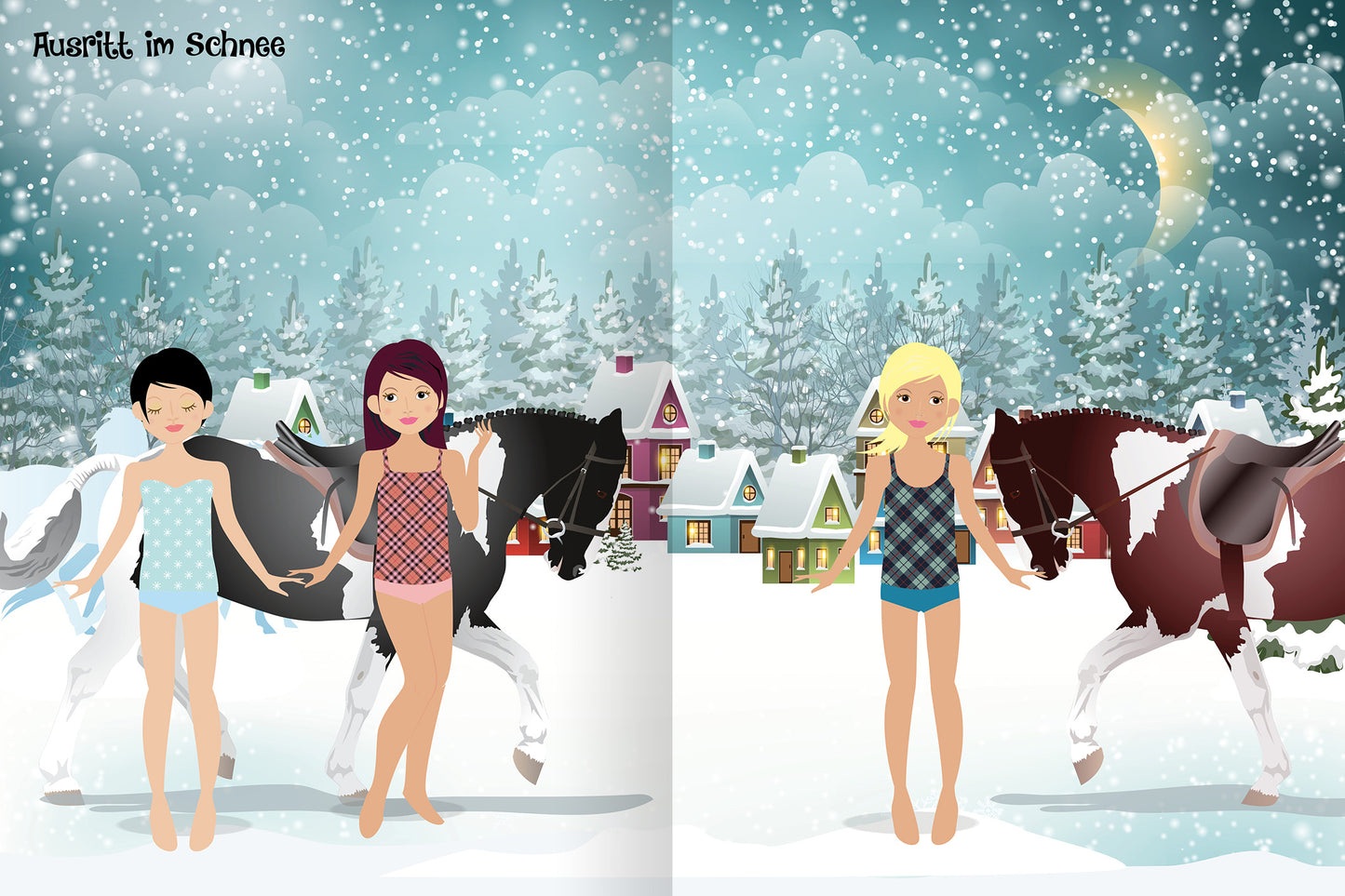 Gezeigt wird eine Innen- oder Zusatzansicht von „Sticker-Anziehpuppen – Reiterhof“. Die Szene zeigt drei stilisierte Figuren mit unterschiedlichen Haarfarben in bunten, gemusterten Outfits. Im Hintergrund sind verschneite Wälder und kleine, bunte Häuser zu sehen. Hinter den Mädchen stehen zein schwarz-weiß gefleckte Pferde. Im Hintergrund stehen schneebedeckte Tannen und es hängt eine leuchtende Mondsichel am schneienden Himmel. Die Schrift „Ausstattungen im Schnee“ ist oben...