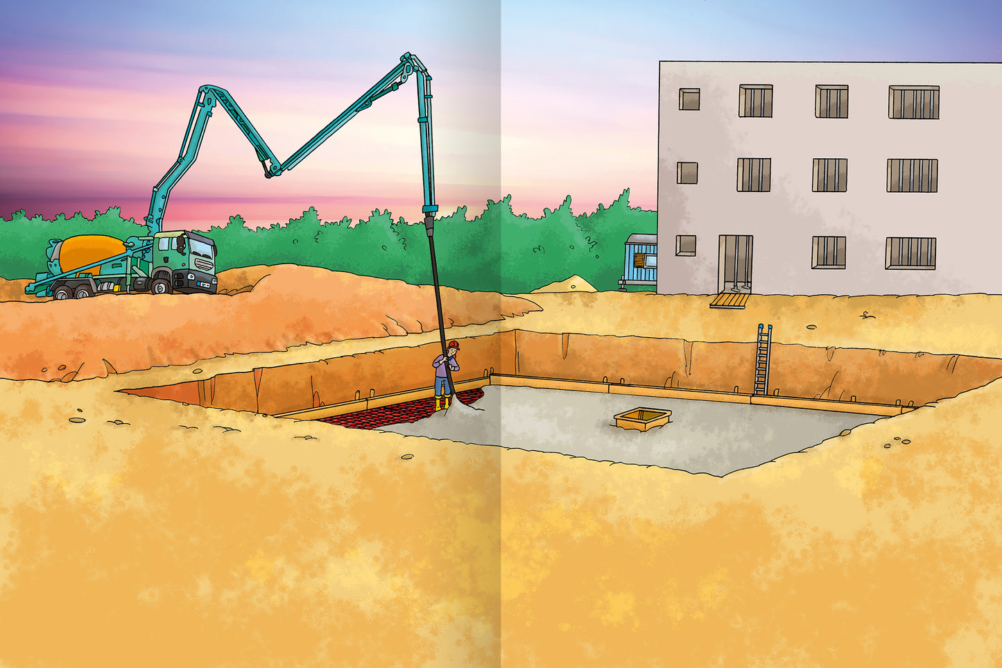 Gezeigt wird eine Innen- oder Zusatzansicht von „Erstes Stickern – Baustelle“. Die Illustration zeigt eine Baustelle mit einem großen, grünen Kran, der Beton in ein rechteckiges Fundament gießt. Der Hintergrund ist in sanften Farbtönen gehalten, mit einem Gebäude rechts und einem Wald aus grünen Bäumen im Hintergrund. Der Gesamteindruck ist bunt und einladend, mit klaren Linien und einer abwechslungsreichen Farbpalette.