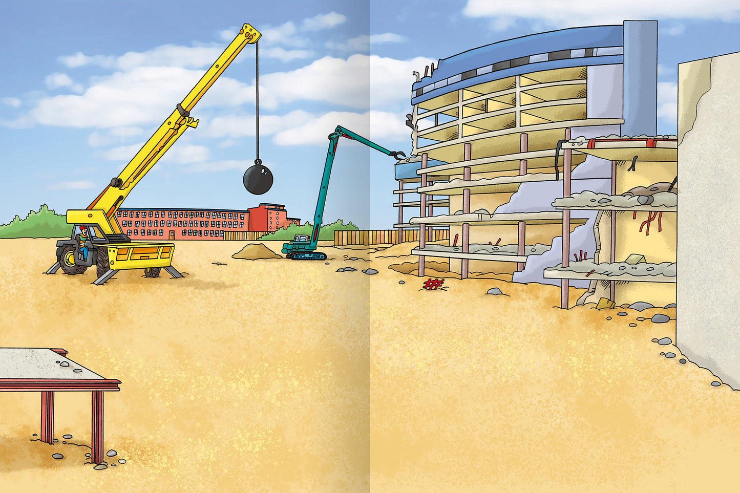 Gezeigt wird eine Innen- oder Zusatzansicht von „Erstes Stickern – Baustelle“. Die Illustration zeigt eine Baustelle mit zwei großen Kränen: einer in Gelb mit einer Abrisskugel und ein weiterer in Grün, der in Aktion ist. Im Hintergrund ist ein sich im Bau befindliches Gebäude sichtbar, umgeben von Bausteinen und Geröll. Der Himmel ist hellblau mit einigen Wolken. Die farbenfrohe Darstellung verwendet klare, einfache Linien.