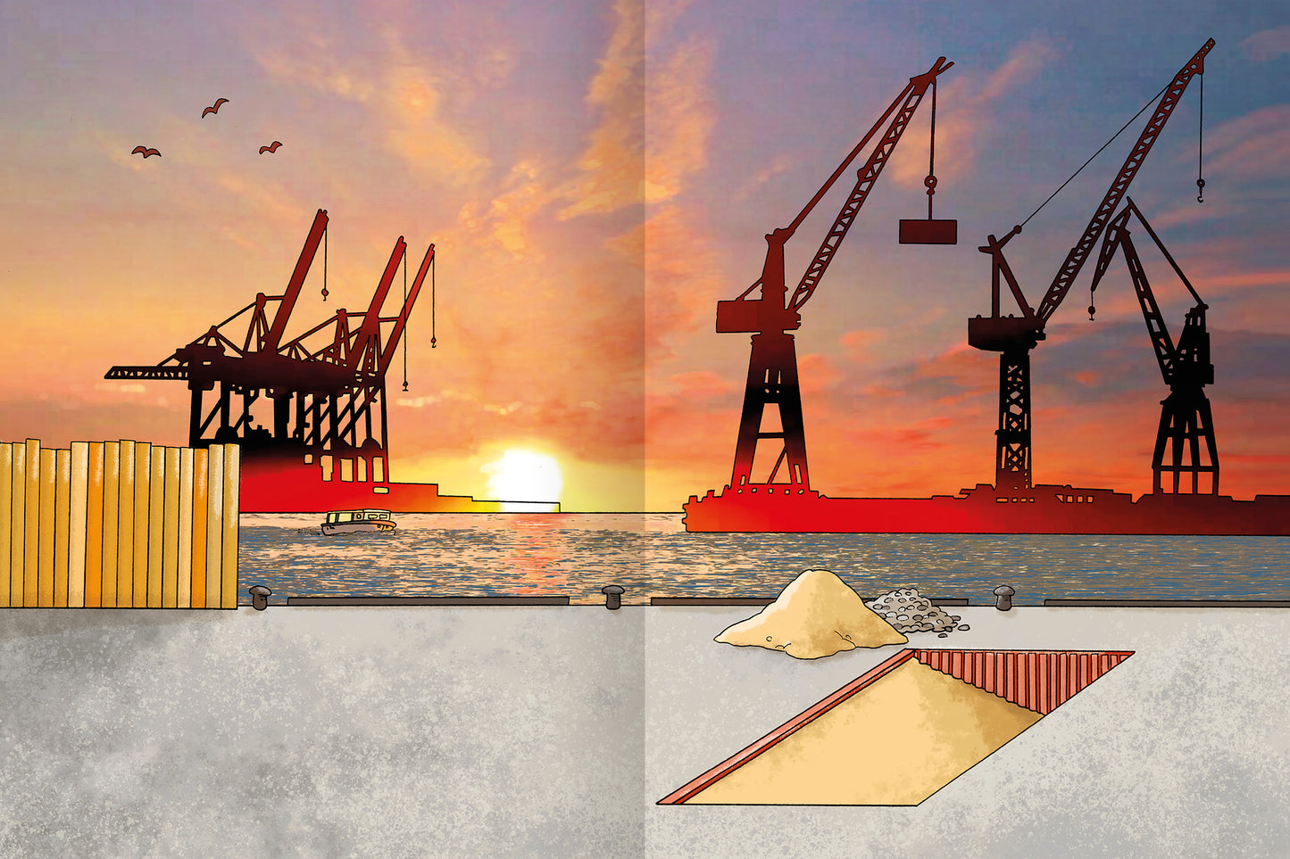 Gezeigt wird eine Innen- oder Zusatzansicht von „Erstes Stickern – Baustelle“. Die Szene zeigt eine Hafenlandschaft bei Sonnenuntergang, wobei kräftige Farben wie Orange und Gelb den Himmel dominieren. Silhouetten von mehreren Kränen stehen am Ufer, im Hintergrund schimmert das Wasser. Im Vordergrund sind Baustellenmaterialien wie Sand und Kies zu sehen.