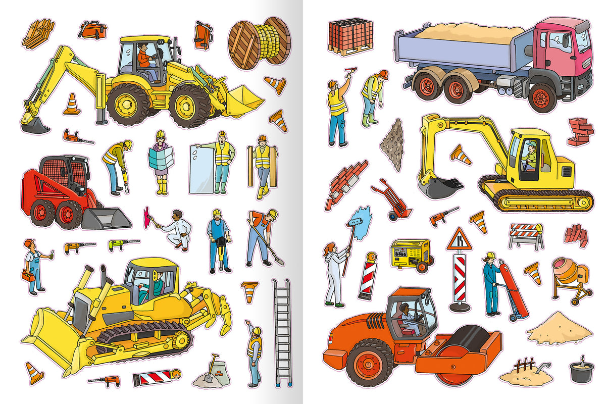Gezeigt wird eine Innen- oder Zusatzansicht von „Erstes Stickern – Baustelle“. Die Seite zeigt eine bunte Ansammlung von Baustellenmotiven, darunter Betonmischer, Bagger, Zäune und Arbeiter in verschiedenen Situationen. Die Farben sind leuchtend und vielfältig, vorwiegend Gelb, Grün, Blau und Rot.