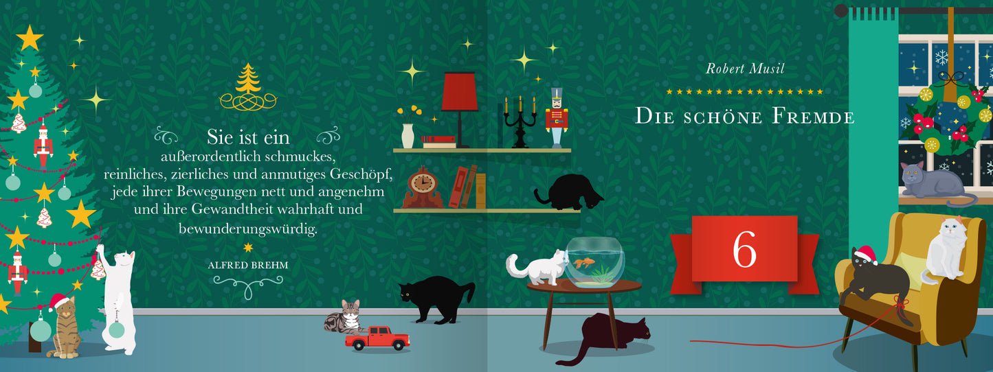 Gezeigt wird eine Innen- oder Zusatzansicht von „24 Katzengeschichten für den Advent“. Auf einem dunklen, grünlichen Hintergrund sind eine weihnachtlich geschmückte Tanne und eine gemütliche Leseecke mit einem Sessel abgebildet. Gegenstände wie ein Globus und Bücher stehen auf einem Regal. Mehrere Katzen, in verschiedenen Farben, sind verteilt, während ein rotes Adventskalenderfeld die Zahl 6 zeigt. Die Schrift ist klar und gut lesbar, passend zur festlichen Atmosphäre.
