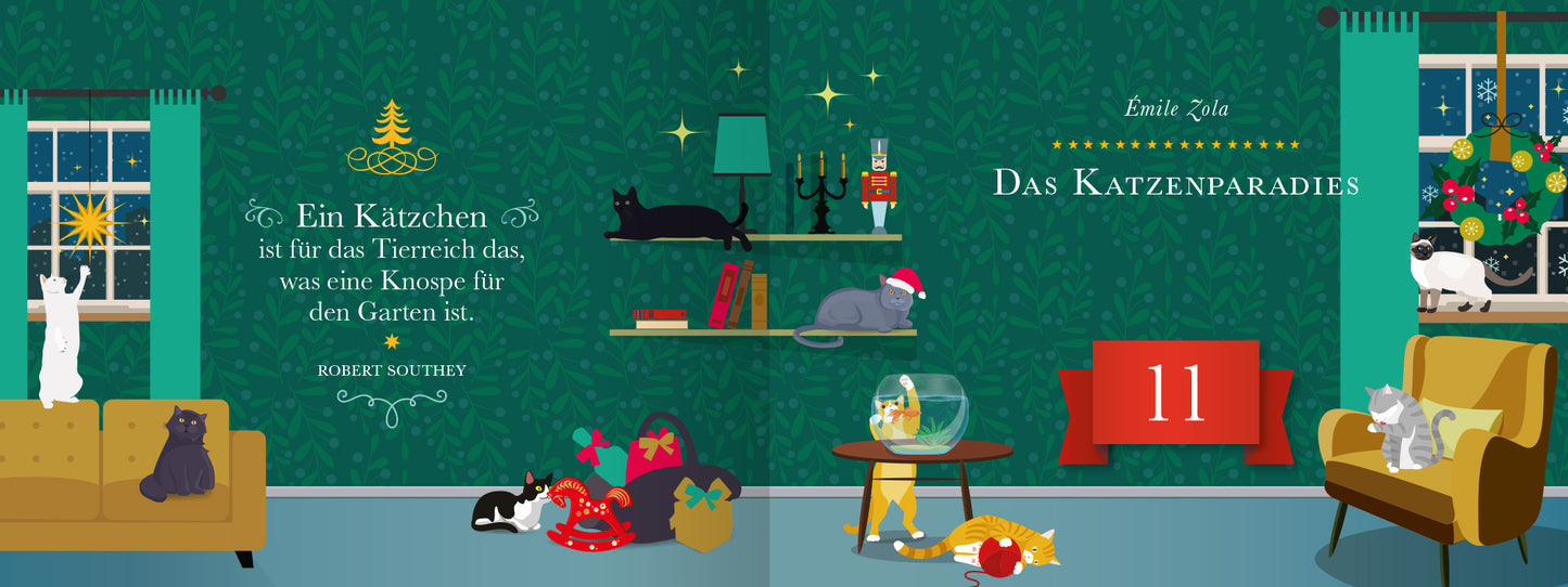 Gezeigt wird eine Innenansicht von „24 Katzengeschichten für den Advent“. Die Szene zeigt eine festlich dekorierte Wohnstube mit einer grünen Wandfarbe, die mit verschiedenen Katzenmotiven geschmückt ist. Auf einem gelben Sofa liegen mehrere Katzen entspannt. Ein Tisch mit einem Aquarium und weihnachtlichen Accessoires steht im Vordergrund. Die Typografie ist verspielt und gut lesbar, mit einer Mischung aus handschriftlichen und klaren Schriftarten in weißen und goldenen Tönen.