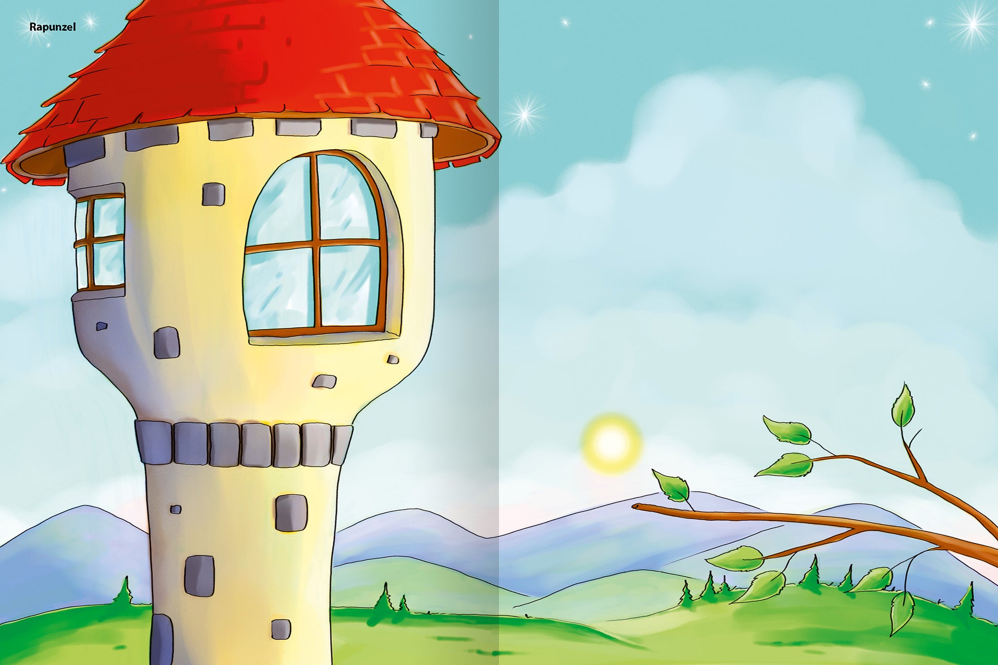 Gezeigt wird eine Innen- oder Zusatzansicht von „Erstes Stickern – Märchen“. Die Illustration zeigt einen mittelalterlichen Turm mit einer rot gedeckten Spitzdach. Der Turm ist in sanften Gelbtönen gehalten und hat große Fenster mit einem klaren Blick nach außen. Im Hintergrund erstrecken sich sanfte, grüne Hügel unter einem hellblauen Himmel, in dem die Sonne strahlt. Die Farben sind lebhaft und laden zur fantasievollen Entdeckung ein.