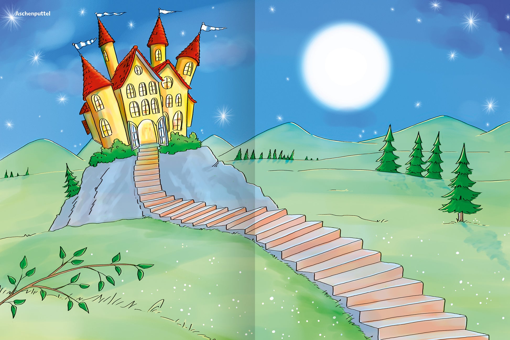 Gezeigt wird eine Innen- oder Zusatzansicht von „Erstes Stickern – Märchen“. Im Mittelpunkt steht ein leuchtend gelbes Schloss mit roten Türmchen, das auf einem grauen Felsen thront. Eine schlichte Treppe führt hinauf zum Eingang. Der Hintergrund zeigt sanfte grüne Hügel und vereinzelte Nadelbäume. Der Himmel ist in einem tiefen Blau gehalten, wobei ein strahlender, großer Mond die Szene erleuchtet. Die kinderfreundliche, verspielte Typografie ergänzt das märchenhafte Setting.