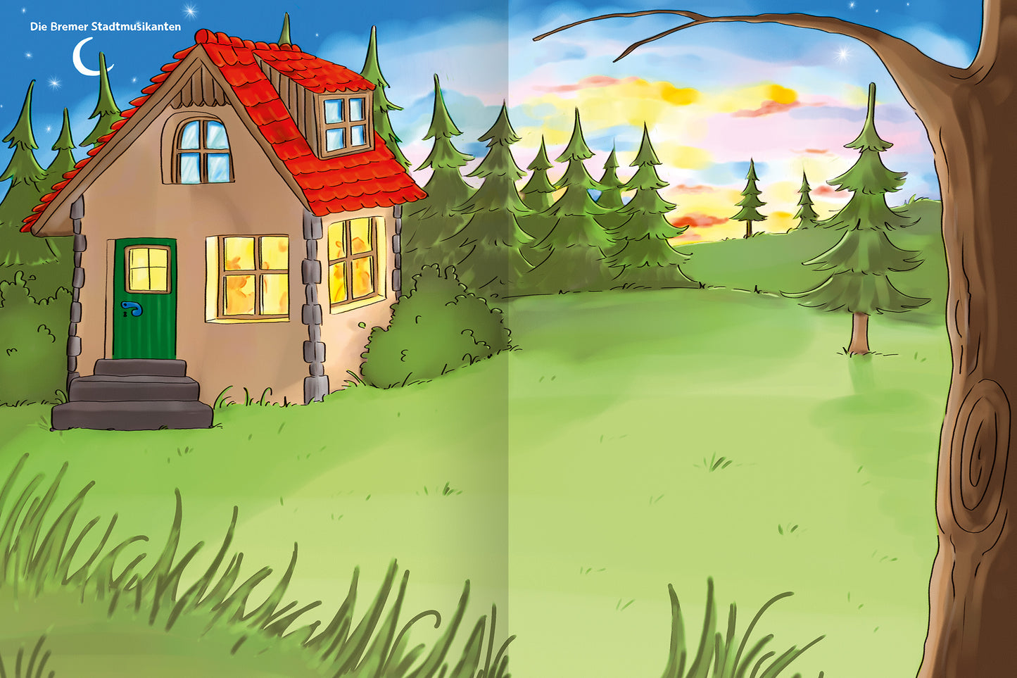 Gezeigt wird eine Innen- oder Zusatzansicht von „Erstes Stickern – Märchen“. Die Illustration zeigt ein gemütliches, kleines Haus mit rotem Satteldach und grüner Tür. Vermutlich aus Stein, ist die Fassade warm gehalten. Im Vordergrund erstreckt sich eine saftig grüne Wiese, flankiert von hohen, grünen Tannenbäumen. Der Himmel zeigt sanfte Pastellfarben, die auf einen Sonnenuntergang hindeuten, während Äste eines Baumes rechts im Bild sichtbar sind.