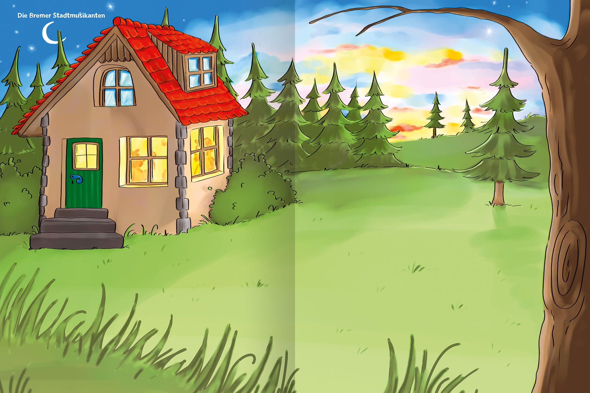 Gezeigt wird eine Innen- oder Zusatzansicht von „Erstes Stickern – Märchen“. Die Illustration zeigt ein gemütliches, kleines Haus mit rotem Satteldach und grüner Tür. Vermutlich aus Stein, ist die Fassade warm gehalten. Im Vordergrund erstreckt sich eine saftig grüne Wiese, flankiert von hohen, grünen Tannenbäumen. Der Himmel zeigt sanfte Pastellfarben, die auf einen Sonnenuntergang hindeuten, während Äste eines Baumes rechts im Bild sichtbar sind.