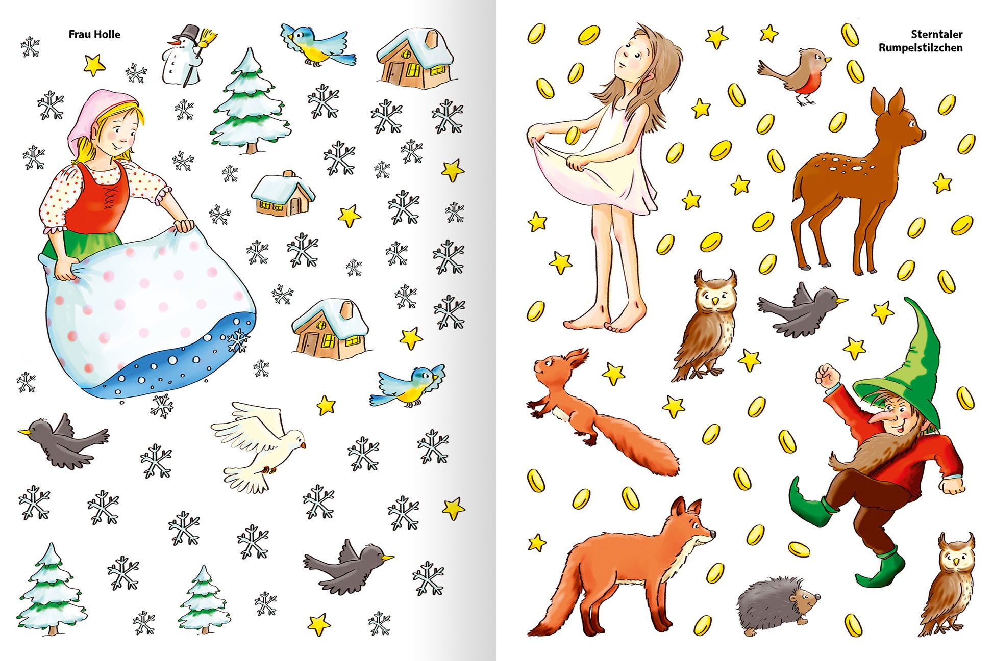 Gezeigt wird eine Innen- oder Zusatzansicht von „Erstes Stickern – Märchen“. Die Seite zeigt auf der linken Seite eine bunte Darstellung von Frau Holle, umgeben von Schneeflocken, Tannenbäumen, Vögeln und kleinen Häuschen in pastelligen Farben. Auf der rechten Seite halten sich verschiedene Märchenfiguren auf, darunter ein fröhlicher Rumpelstilzchen und ein Reh, umgeben von goldenen Münzen und weiteren Tieren.
