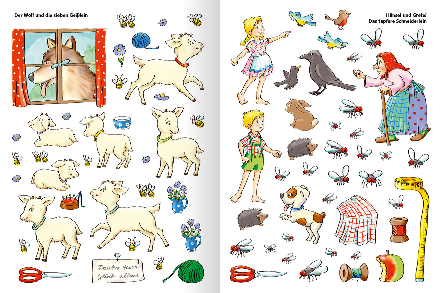 Gezeigt wird eine Innen- oder Zusatzansicht von „Erstes Stickern – Märchen“. Die Illustration zeigt eine bunte, verspielte Darstellung mit verschiedenen Figuren und Tieren. Auf der linken Seite sind ein Wolf, Lämmer und Blumen zu sehen, während die rechte Seite einen Jungen, ein Mädchen, Vögel, sowie mehrere Insekten und weitere Tiere zeigt. Die Farben sind lebhaft, hauptsächlich in Gelb, Blau und Grün.