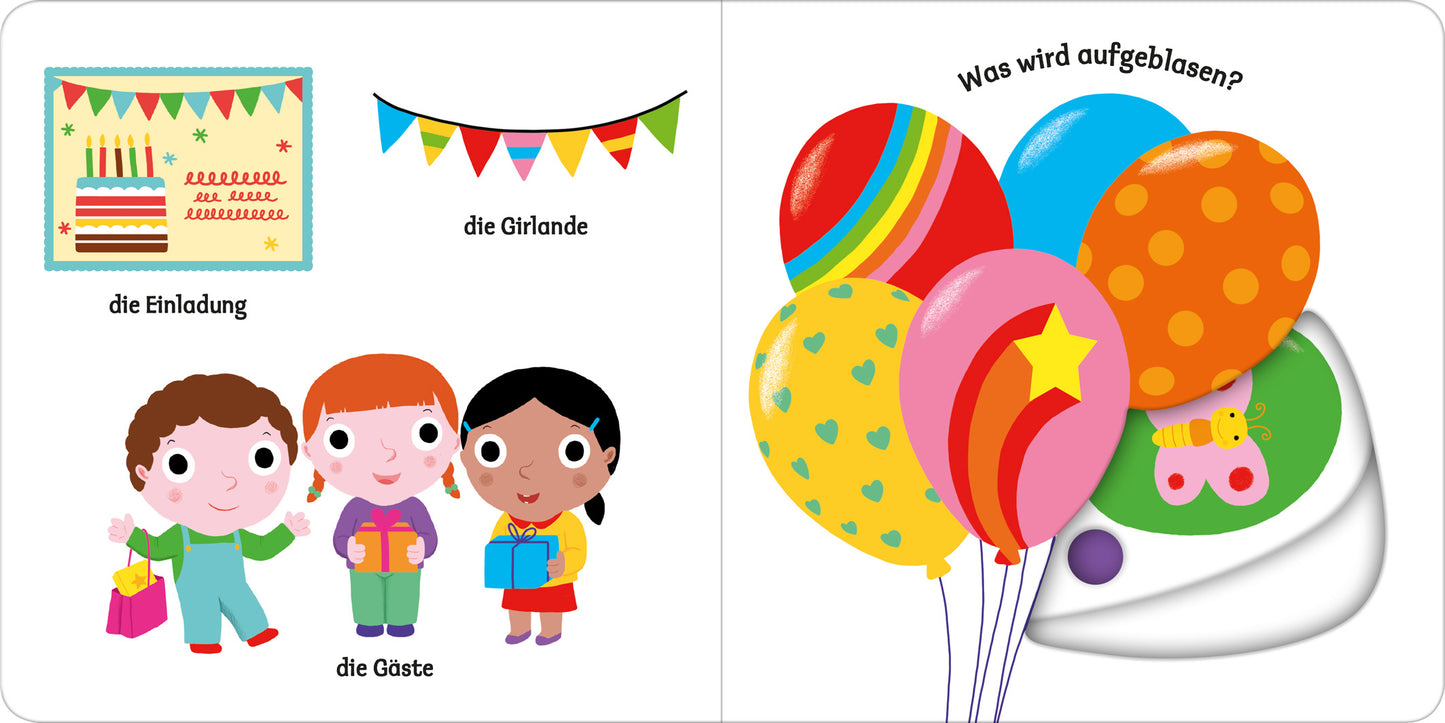 Gezeigt wird eine Innen- oder Zusatzansicht von „Mein erstes Buch vom Geburtstag“. Auf der linken Seite sind fröhliche, bunte Illustrationen zu sehen: eine Geburtstagstorte mit verschiedenen bunten Kerzen, eine Girlande in den Farben Rot, Gelb, Grün und Blau sowie drei Kinder, die Geschenke halten. Die Typografie ist kindgerecht und klar, mit Beschriftungen wie „die Einladung“ und „die Gäste“. Auf der rechten Seite sind bunte Ballons in verschiedenen Farben und Mustern...