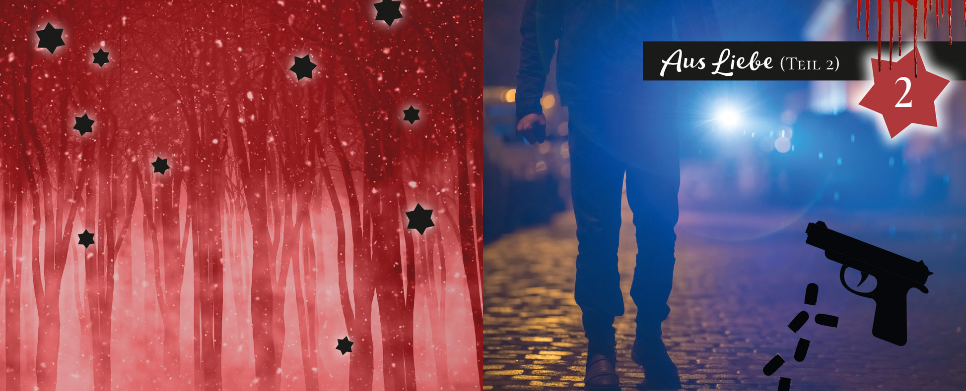 Gezeigt wird eine Innen- oder Zusatzansicht von „24 Mini-Krimis“. Die linke Seite zeigt einen rot-braunen Hintergrund mit verwischten Baumstämmen und schwarzen Sternen. Auf der rechten Seite ist ein silhouettierter Mann in dunkler Kleidung auf einem beleuchteten Gehweg zu sehen. Darüber liegt ein schwarzes Textfeld mit dem Titel „Aus Liebe (Teil 2)“ in eleganter Schrift. Ein stilisiertes Bild einer schwarzen Handfeuerwaffe und Schussmarkierungen ergänzt die düstere Atmosphäre.