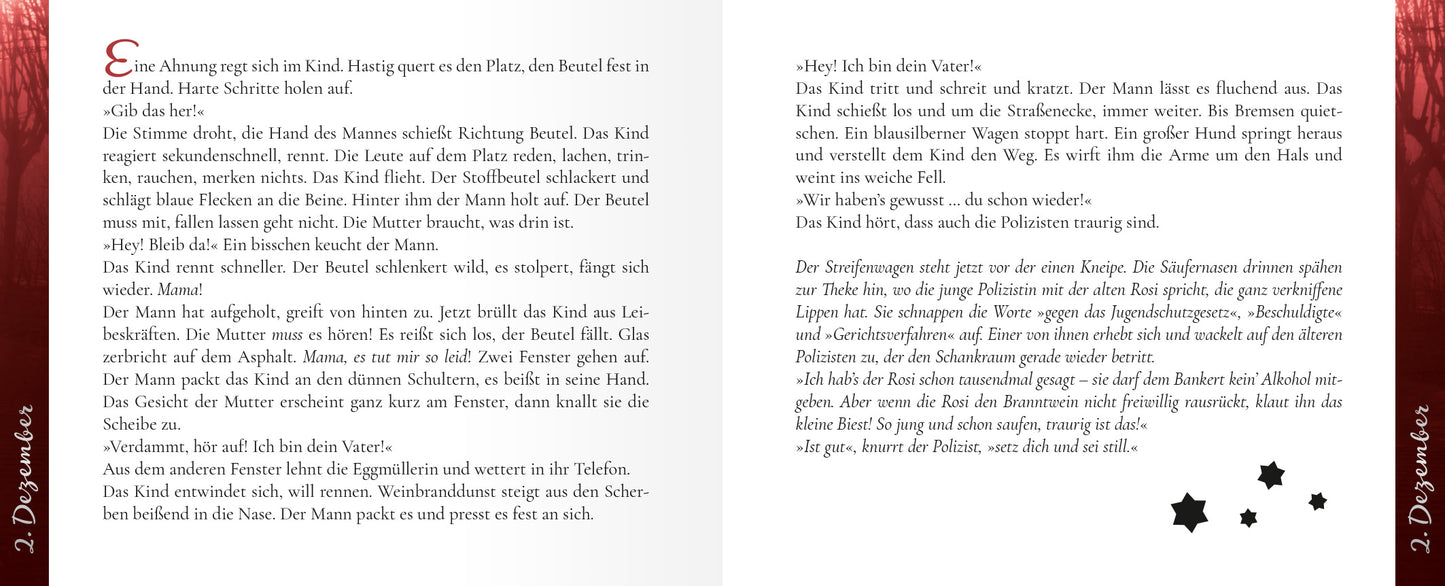 Gezeigt wird eine Innen- oder Zusatzansicht von „24 Mini-Krimis“. Die Doppelseite zeigt eineb Text mit fesselnder Typografie, die durch große, klare Schrift besticht. Die Farben sind überwiegend in sanften, warmen Tönen gehalten, mit einem stilvollen roten Hintergrund auf der rechten Seite, auf dem schwarze, sternenförmige Akzente gesetzt sind. Der textliche Inhalt wirkt spannend und ansprechend, ideal für Leseliebhaber.