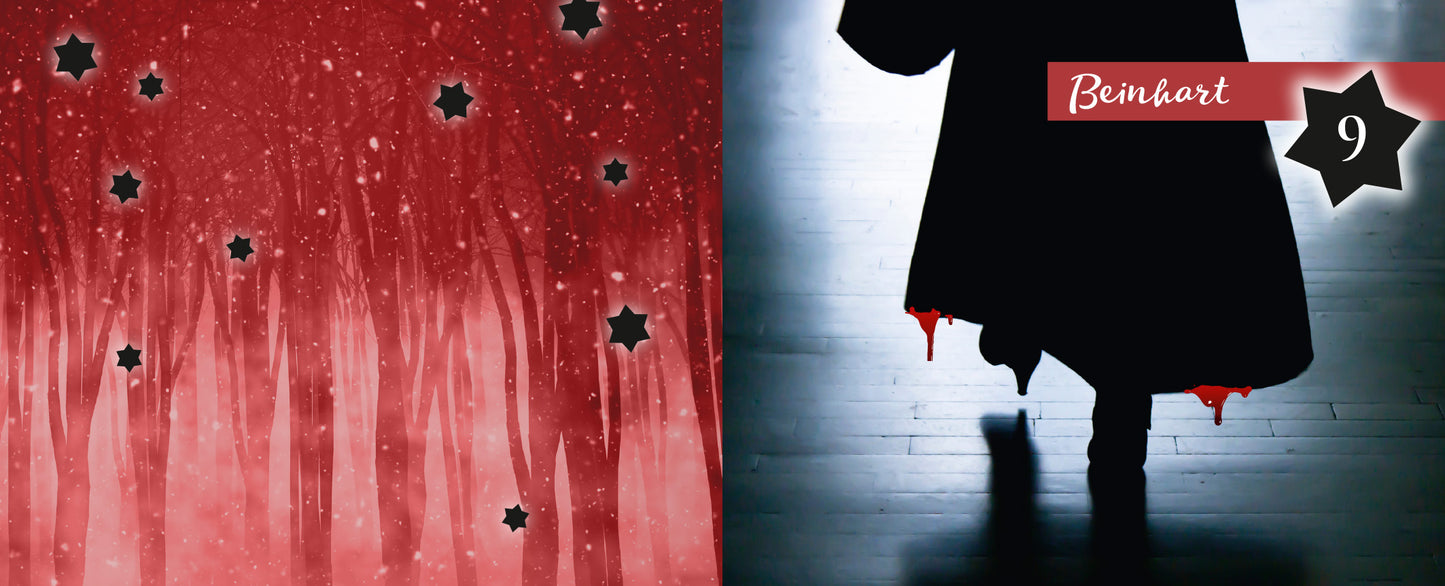 Gezeigt wird eine Innen- oder Zusatzansicht von „24 Mini-Krimis“. Die linke Seite zeigt einen roten Hintergrund mit stilisierten, schwarzen Sternen und angedeuteten Baumstrunken, die eine geheimnisvolle Atmosphäre schaffen. Auf der rechten Seite ist die Silhouette einer Person in einem langen, schwarzen Mantel zu sehen, deren Schatten auf einem hellen Boden liegt. Über dieser Silhouette befindet sich in einer eleganten Schrift das Wort „Beinhart“ in Weiß auf rotem Grund, ergänzt...