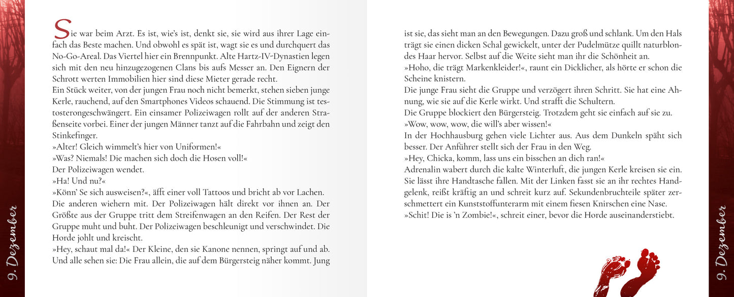 Gezeigt wird eine Innen- oder Zusatzansicht von „24 Mini-Krimis“. Die Seiten sind in einem hellen, klaren Layout gestaltet, das eine gut lesbare Schriftart verwendet. Die Hauptfarben sind Weiß und Rot, wobei rote Elemente und Illustrationen Spannung erzeugen. Auf der linken Seite steht der Text in einer klassischen, gut strukturierten Anordnung, während die rechte Seite Platz für Illustrationen bietet. Die Gestaltung schafft eine ansprechende und abwechslungsreiche Leseerfahrung.