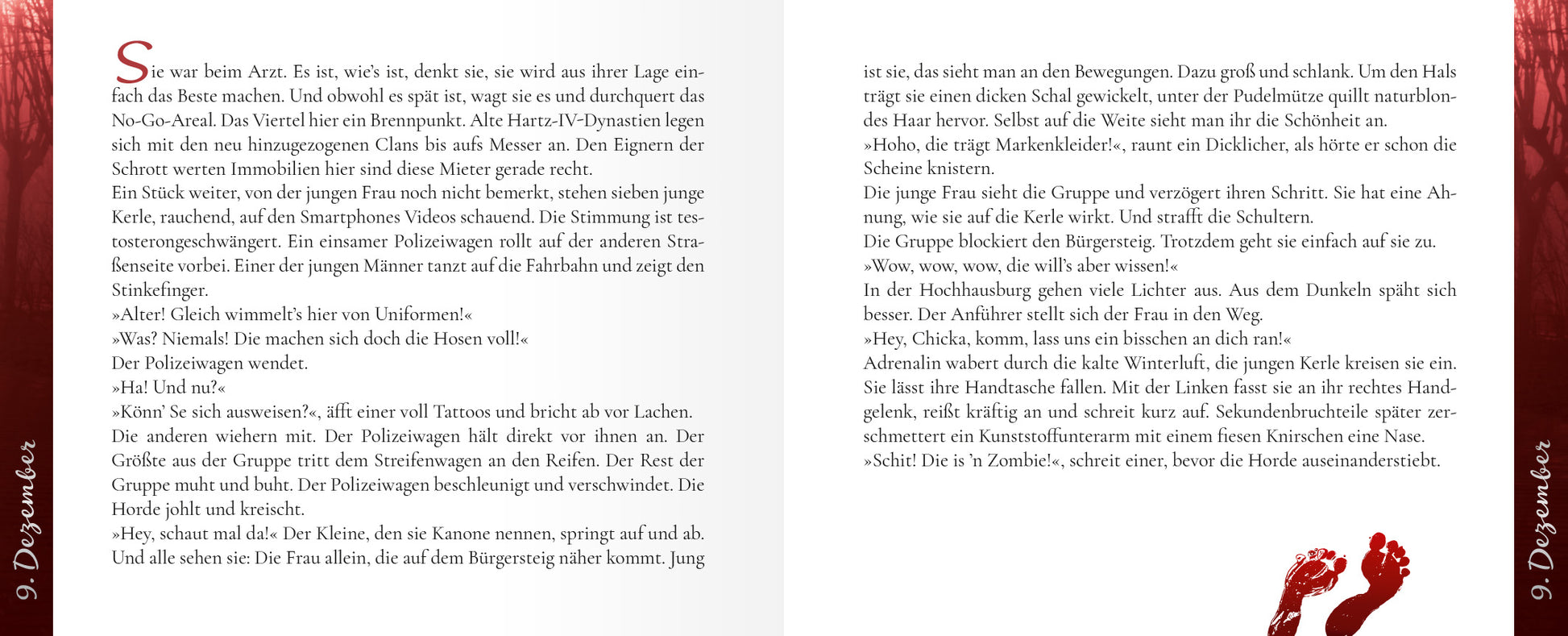 Gezeigt wird eine Innen- oder Zusatzansicht von „24 Mini-Krimis“. Die Seiten sind in einem hellen, klaren Layout gestaltet, das eine gut lesbare Schriftart verwendet. Die Hauptfarben sind Weiß und Rot, wobei rote Elemente und Illustrationen Spannung erzeugen. Auf der linken Seite steht der Text in einer klassischen, gut strukturierten Anordnung, während die rechte Seite Platz für Illustrationen bietet. Die Gestaltung schafft eine ansprechende und abwechslungsreiche Leseerfahrung.