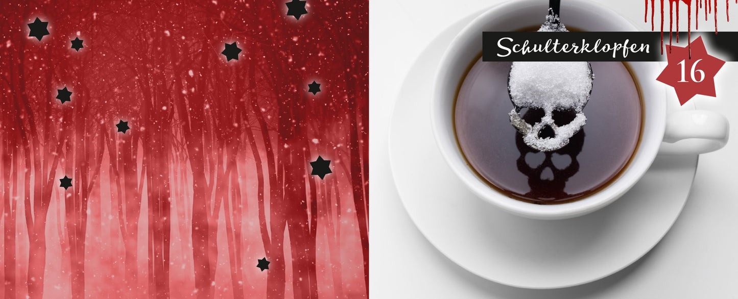 Gezeigt wird eine Innen- oder Zusatzansicht von „24 Mini-Krimis“. Links erstreckt sich ein dunkelroter Hintergrund mit sanften, vertikalen Linien und schwarzen Sternen, der eine düstere Atmosphäre schafft. Rechts ist eine weiße Tasse mit dunklem Kaffee abgebildet, über dem ein Zuckerstück in Form eines Schädels schwebt. Oben in einem schwarz-weißen Schild steht der Titel „Schulterklopfen“ in klarer, moderner Typografie, ergänzt von einer roten Sternform mit der Nummer 16.