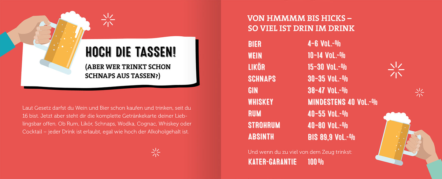 Gezeigt wird eine Innen- oder Zusatzansicht von „Volljährig für Einsteiger“. Die Seite hat einen roten Hintergrund und umfasst farbenfrohe Illustrationen von Getränken, darunter ein Bierkrug. Der Titel „HOCH DIE TASSEN!“ ist in großer, schwarzer Typografie hervorgehoben. Rechts befindet sich eine Tabelle mit Getränkekategorien und ihren Alkoholgehalten, die in klarer, leserlicher Schrift dargestellt sind. Grafische Elemente, wie kleine Schneeflocken, ergänzen das Design.