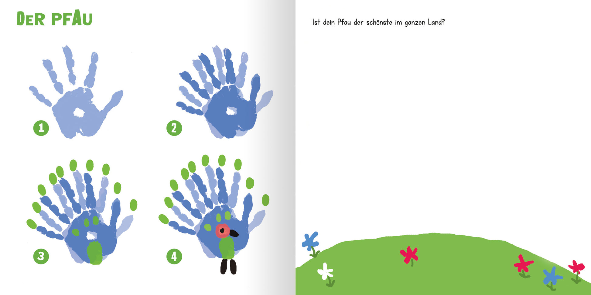 Gezeigt wird eine Innen- oder Zusatzansicht von „Mein erstes Fingermalbuch“. Die Seite zeigt eine Schritt-für-Schritt-Anleitung zur Erstellung eines Pfau-Bildes aus Handabdrücken. Die Illustrationen sind in kräftigen Blau- und Grüntönen gehalten und zeigen vier aufeinanderfolgende Handabdrücke, die das Pfau-Motiv darstellen. Der Hintergrund ist schlicht, mit einer bunten, hügeligen Wiese, und die Schrift ist klar und in einer kinderfreundlichen Typografie gestaltet. Auf der rechten...