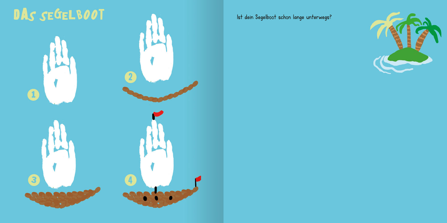 Gezeigt wird eine Innenansicht von „Mein erstes Fingermalbuch“. Auf der linken Seite sind vier Schritte zur Erstellung eines Segelboots mit Handabdrücken abgebildet, auf einem hellblauen Hintergrund. Die Illustrationen sind farbenfroh, die Handabdrücke in Weiß, während die Bootsbasis in Braun und die Flaggen in Rot gestaltet sind. Oben steht in leuchtend gelber Schrift „DAS SEGELBOOT“. Auf der rechten Seite ist eine weitere Frage in blauem Text zu lesen, begleitet von einem kleinen,...