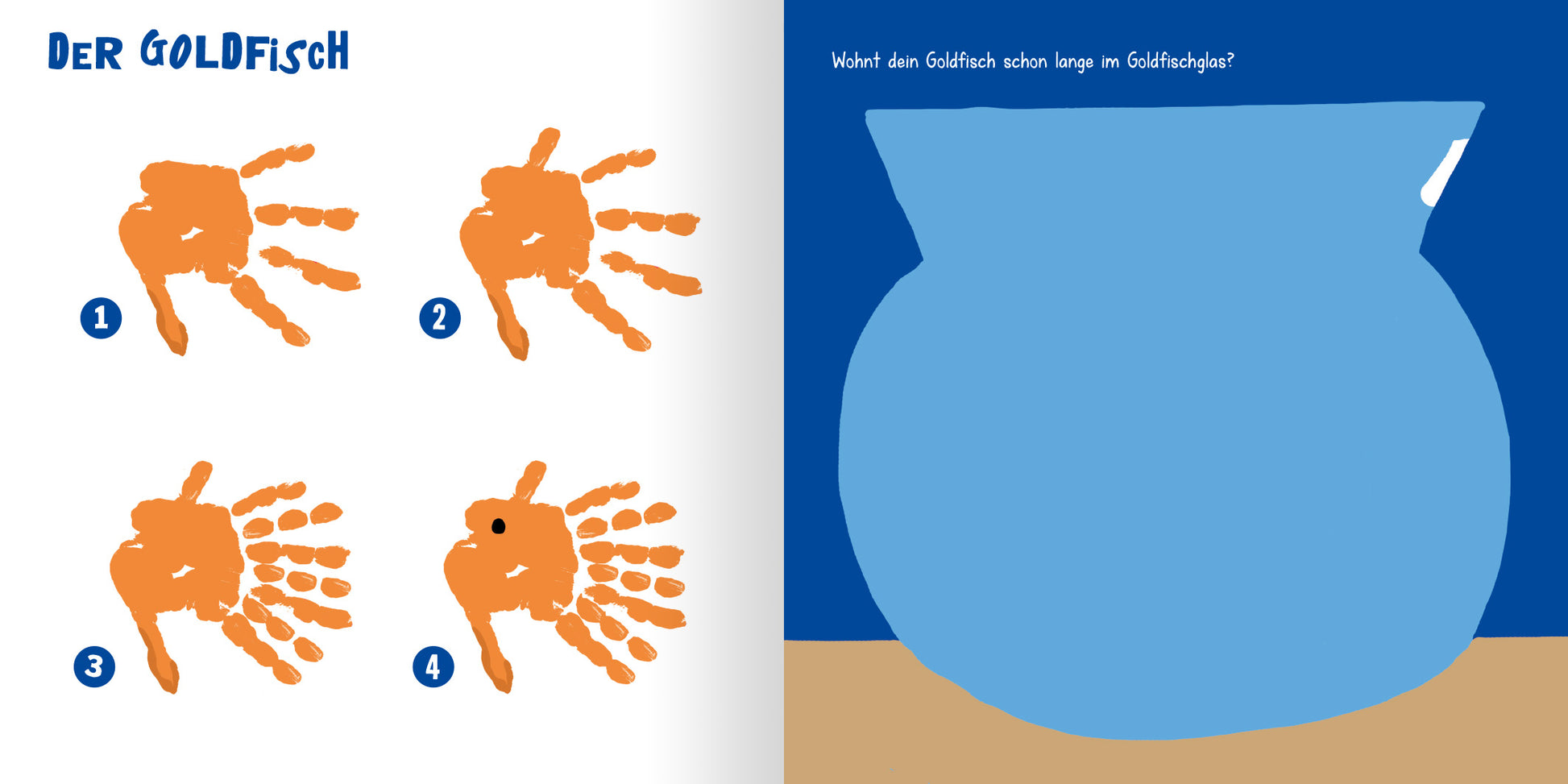 Gezeigt wird eine Innen- oder Zusatzansicht von „Mein erstes Fingermalbuch“. Auf der linken Seite sind vier Schritte zur Erstellung eines Goldfisches abgebildet, dargestellt durch aufeinanderfolgende orangefarbene Handabdrücke. Die rechte Seite zeigt ein blaues Fischglas mit einer klaren Kontur auf einem dunklen Untergrund. Oben auf der Seite steht die Frage: „Weißt du, wie lange der Goldfisch schon im Goldfischglas ist?“ Die Schrift ist kindgerecht und informativ.