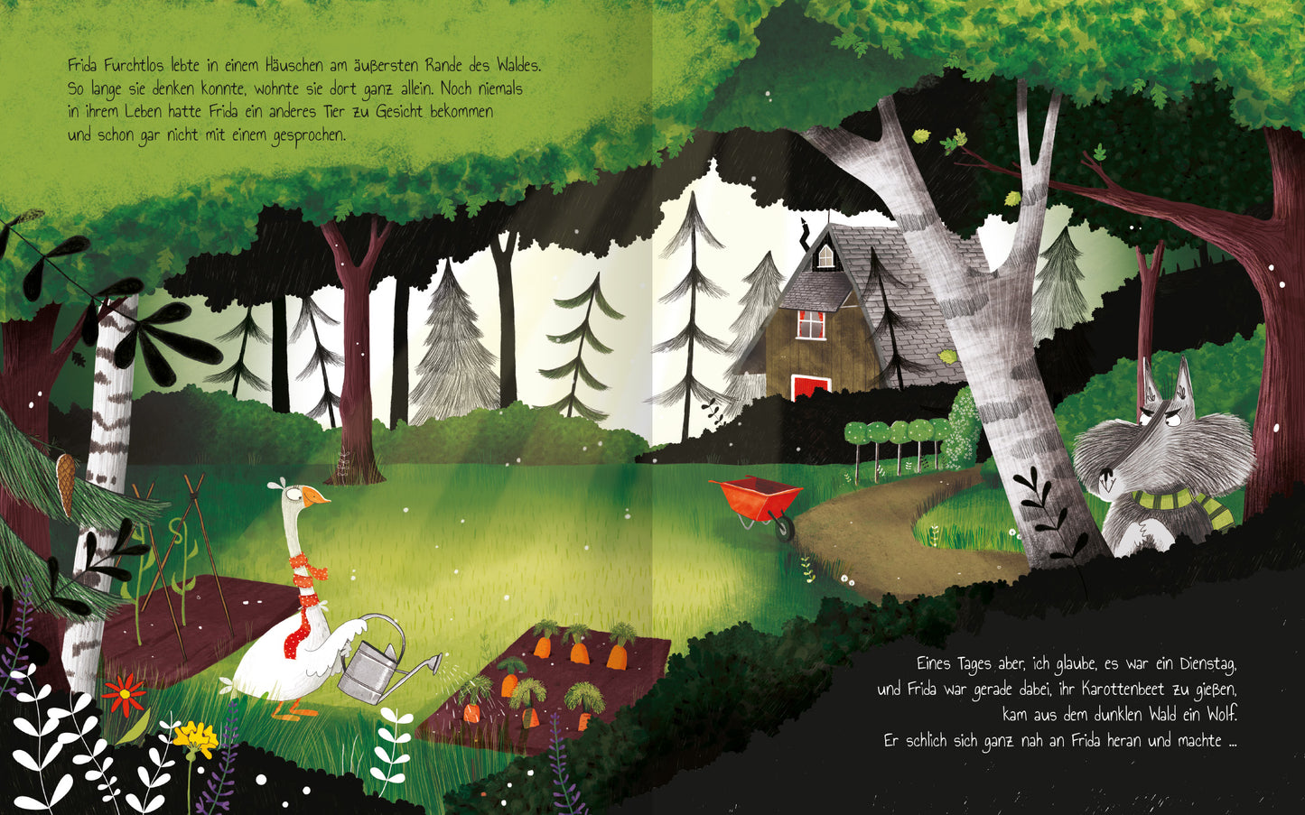 Gezeigt wird eine Innen- oder Zusatzansicht von „Frida Furchtlos lädt zum Tee“. Die Illustration zeigt eine lebendige, grüne Waldlandschaft mit bunten Blumenbeeten und einem kleinen, charmanten Haus im Hintergrund. Frida, eine weiße Gans, trägt eine rote Kleidung und hält eine Gießkanne. Umgeben von hohen Bäumen in verschiedenen Grüntönen und einem schelmisch schauenden Wolf, vermittelt die Szene ein Gefühl von Abenteuer und Freundschaft. Die Schrift ist verspielt und gut lesbar,...