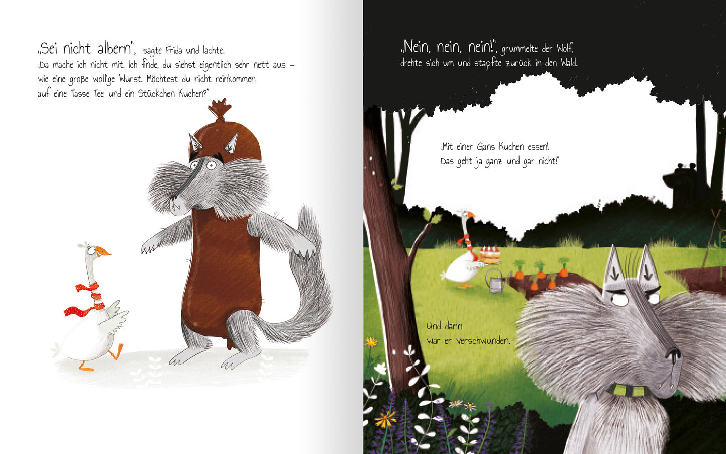 Gezeigt wird eine Innen- oder Zusatzansicht von „Frida Furchtlos lädt zum Tee“. Auf der linken Seite ist Frida, eine heldenhafte Figur in einem roten Outfit, zu sehen, die mit einer Entenfigur interagiert. Die Farbpalette beinhaltet freundliche, warme Töne. Auf der rechten Seite zeigt sich der Wolf, der grummelig wirkt und in eine ländliche Umgebung blickt. Die verwendete Typografie ist spielerisch und kindgerecht, was die Erzählstimmung unterstützt.