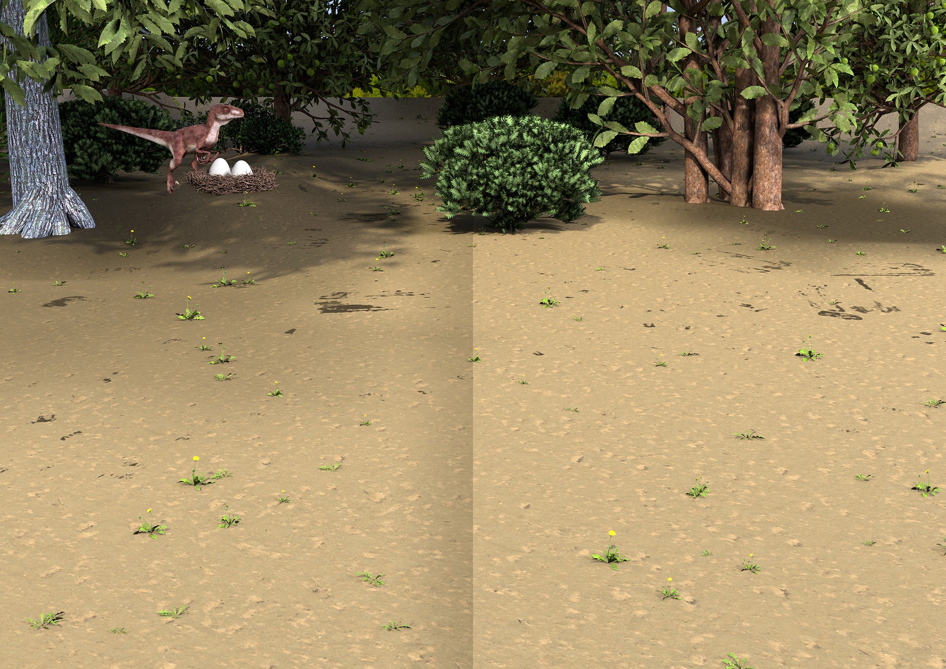 Gezeigt wird eine Innen- oder Zusatzansicht von „Meine Sticker-Dinos“. Die Darstellung zeigt eine realistisch dargestellte Landschaft mit sandigem Boden, umgeben von verschiedenen Pflanzen und Bäumen. Im Hintergrund ist ein Dinosaurier zu sehen, der ein Nest bewacht. Die Farben sind überwiegend erdige Töne mit lebendigen Grüntönen der Vegetation.