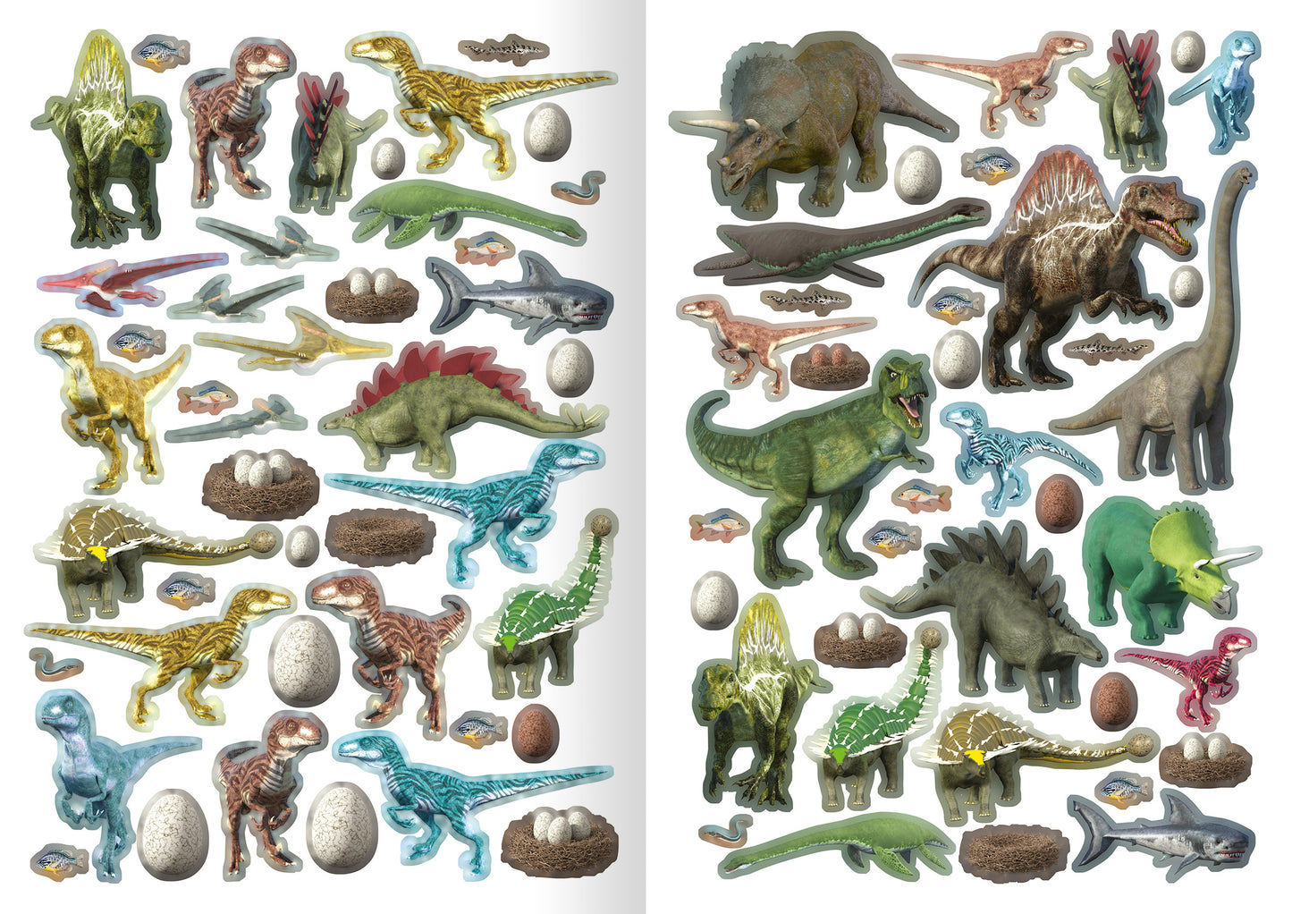 Gezeigt wird eine Innen- oder Zusatzansicht von „Meine Sticker-Dinos“. Die Ansicht zeigt eine bunte Auswahl an Dinosaurier-Stickern in verschiedenen Farben, darunter Grün, Blau, Braun und Rot. Zu sehen sind zudem detailreiche Elemente wie Dinosaurier-Eier, Fossilien und Pflanzen.