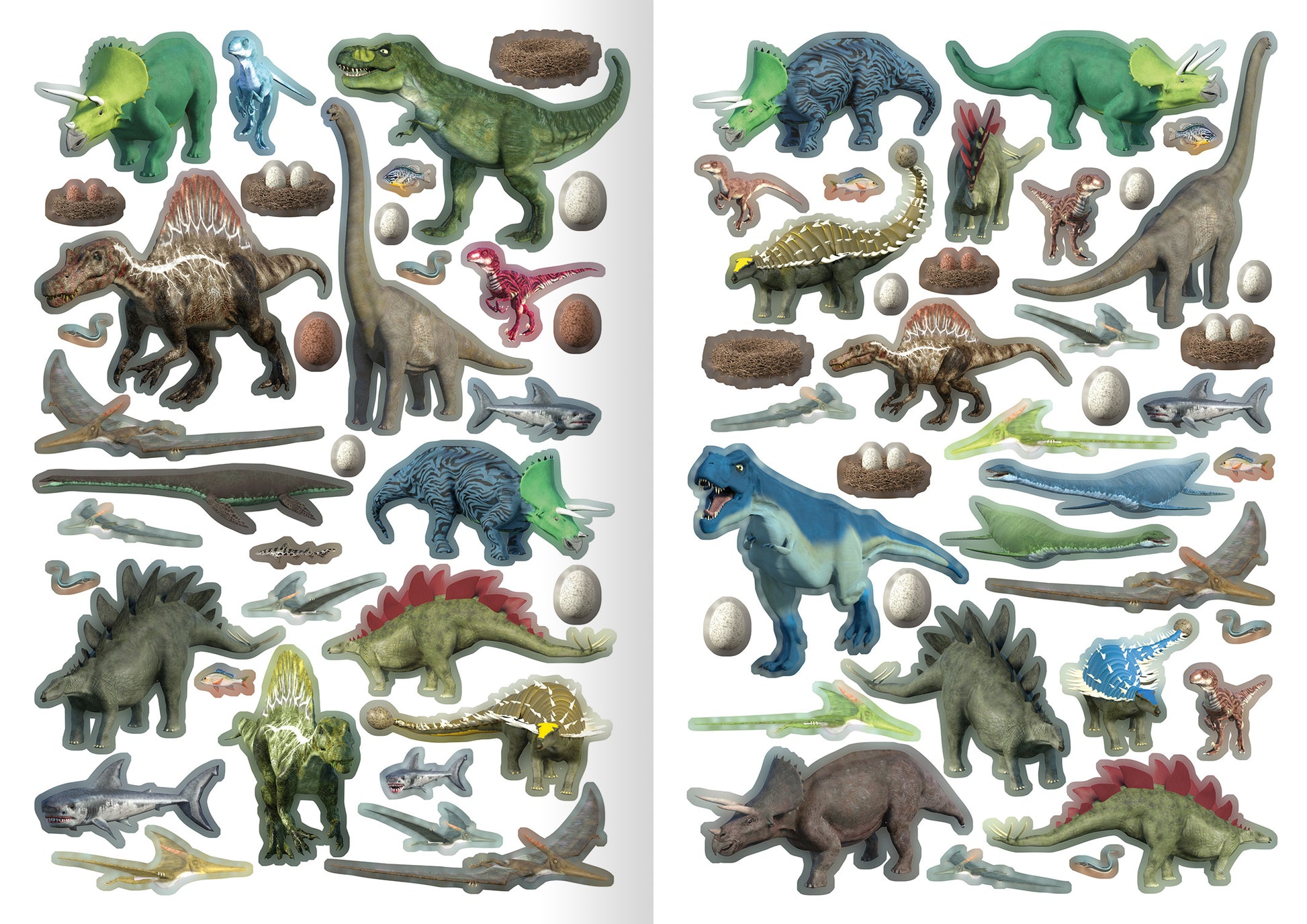 Gezeigt wird eine Innen- oder Zusatzansicht von „Meine Sticker-Dinos“. Die Ansicht zeigt eine bunte Auswahl an Dinosaurier-Stickern in verschiedenen Farben, darunter Grün, Blau, Braun und Rot. Zu sehen sind zudem detailreiche Elemente wie Dinosaurier-Eier, Fossilien und Pflanzen.